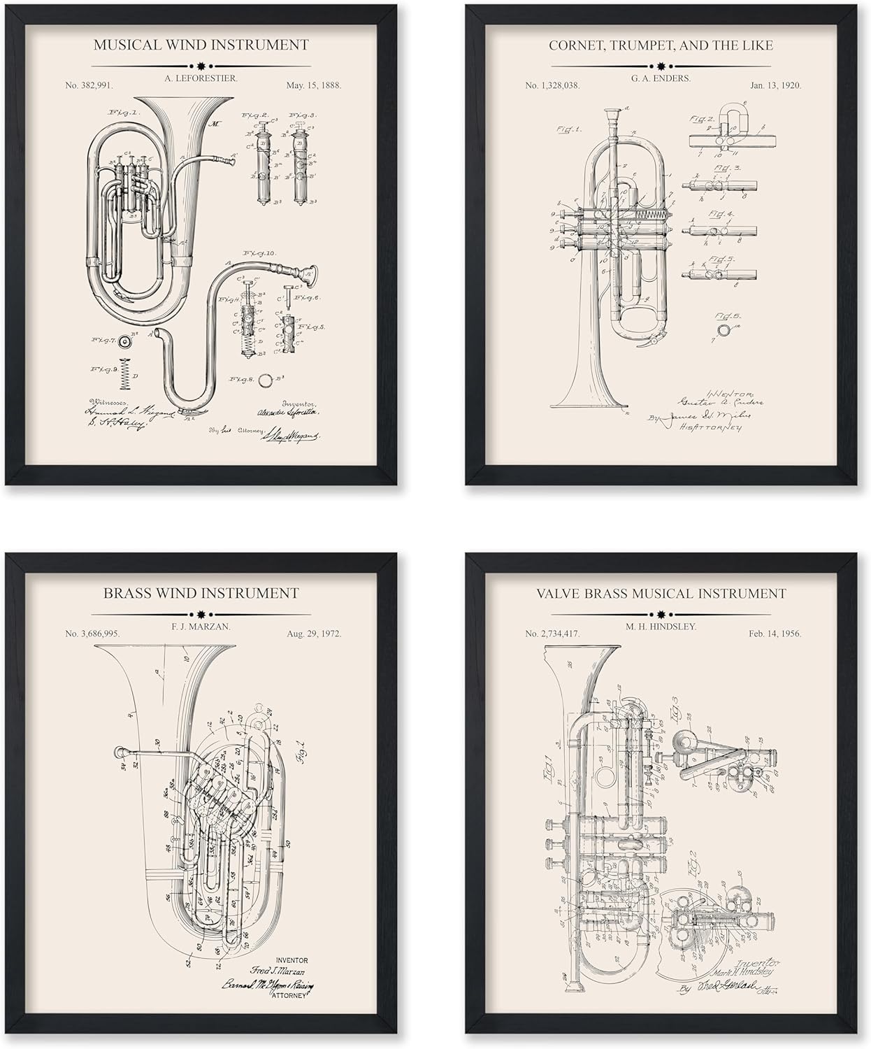 Poster Master 4-Piece Trumpet Blueprint Poster - Horn Patent Print - Tuba Art - Music Art - Technical Drawing Art - Cornet Art - Wind Instrument Art - Music Room Wall Decor, 24x32 Unframed Wall Art