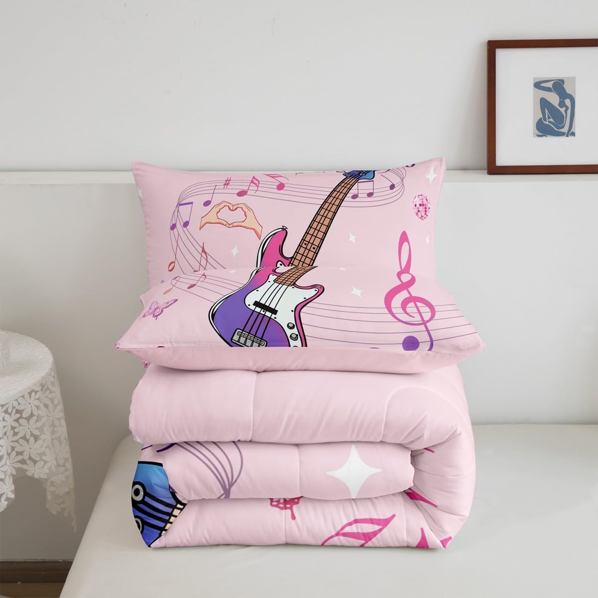 Erosebridal Bass Electric Guitar King Bedding Set,Pink Music Note Comforter Set,Microphone Disco Ball Comforter for Women Girls,Musical Theme Bedroom Room Decor,2 Pillowcases Reversible