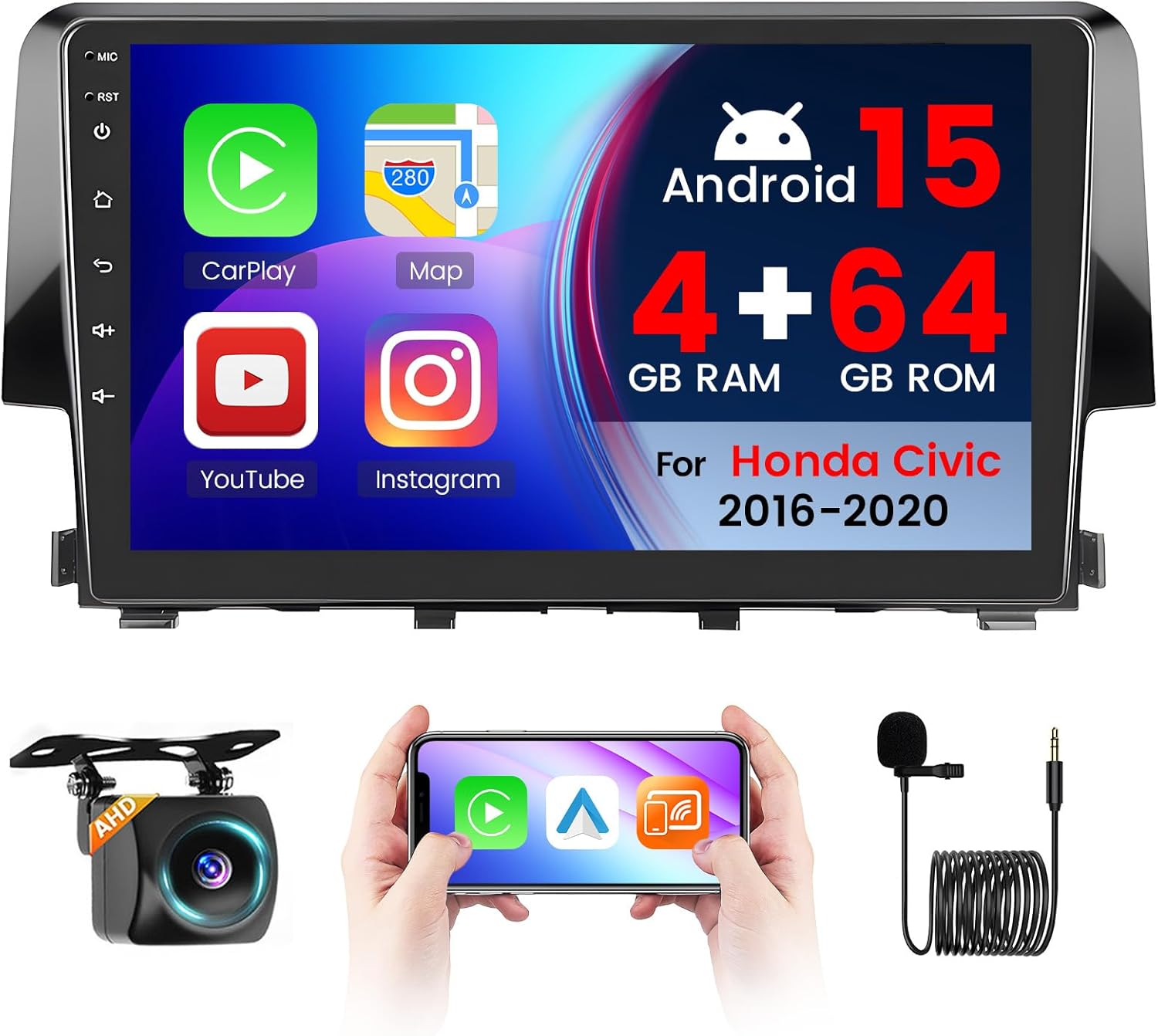 4+64GB Realdio Car Radio for Honda Civic 2016 2017 2018 2019 2020 with Wireless CarPlay/Android Auto, 9 Inch Android Touchscreen for Civic Car Stereo, Bluetooth 5.0, FM/RDS, 32EQ, GPS, WiFi, UI