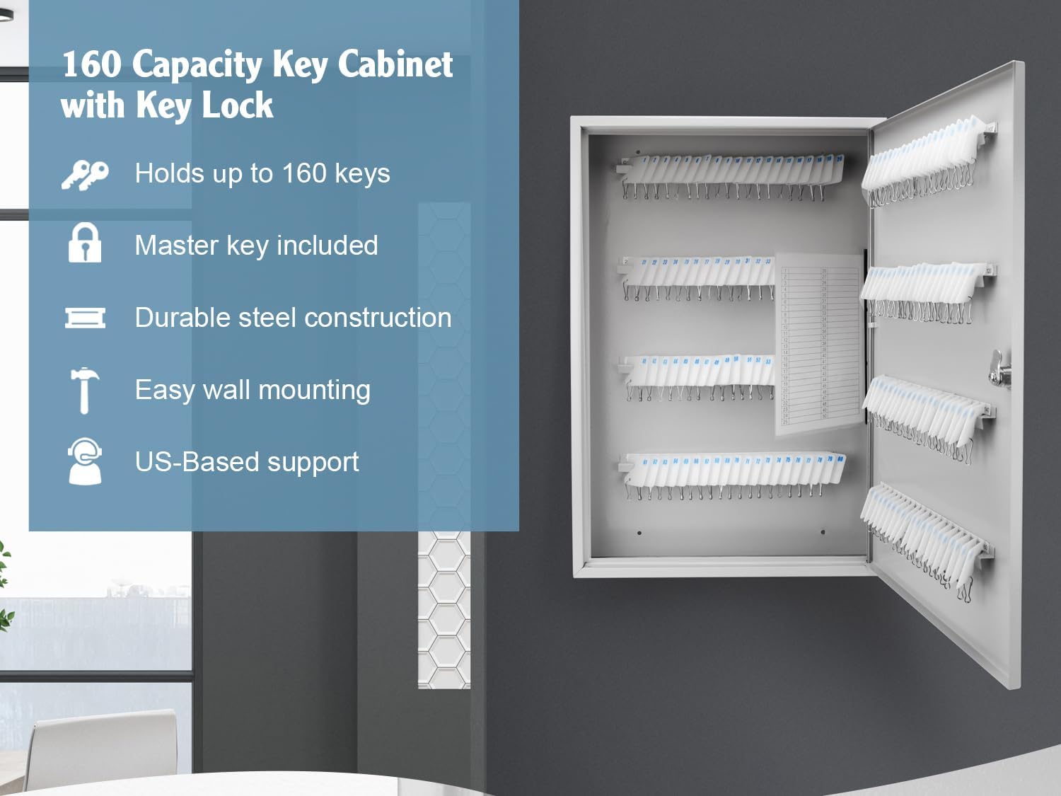 Barska 160-Position Key Cabinet Lock Box with Key Lock – Numbered Hooks & White Tags, Wall Mount Steel Organizer for Home, Office, or Business