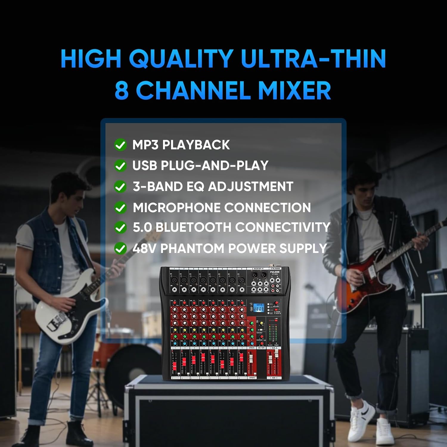 Audio Mixer 8 Channel, CT-80S Professional Sound System Mixer Board DJ Mixing Console with Reverb MP3 Player Bluetooth 48V Phantom Power Supply USB Recording for Studio Karaoke Live Music