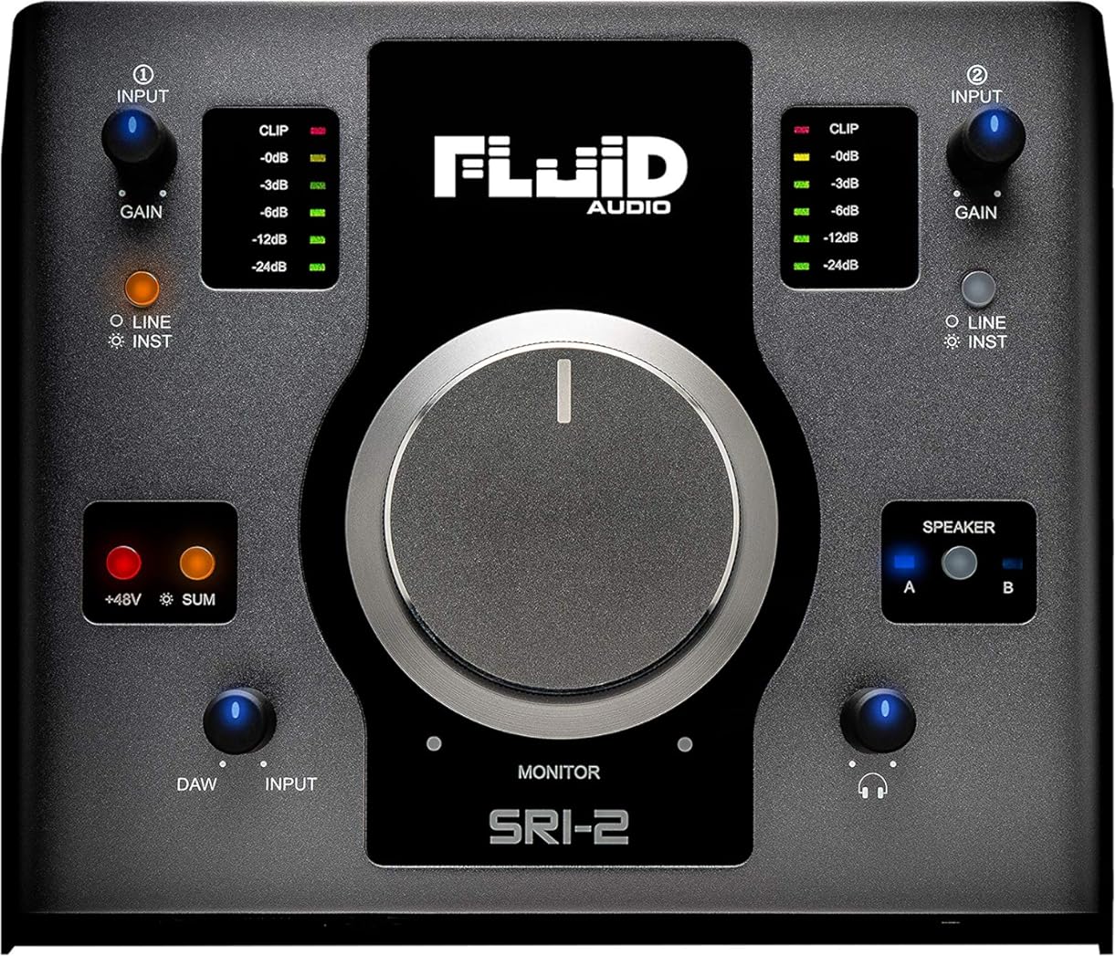 Fluid Audio SRI-2 : 2x2 USB desktop wedge w/24-bit/192kHz + 48v Phantom Power + 2X stereo monitor outputs + 2X Class A mic pres + Giant volume knob