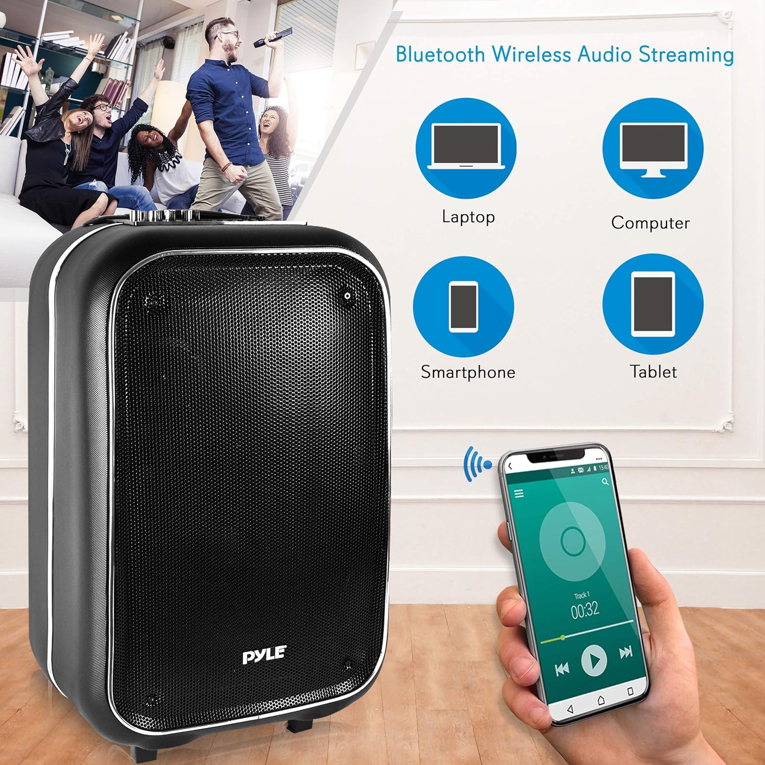 Pyle Wireless Portable PA Speaker System - 400 W Battery Powered Rechargeable Sound Stereo Speaker and Microphone Set with Bluetooth MP3 USB Micro SD FM Radio AUX - For Outdoor DJ Party PWMA825BT