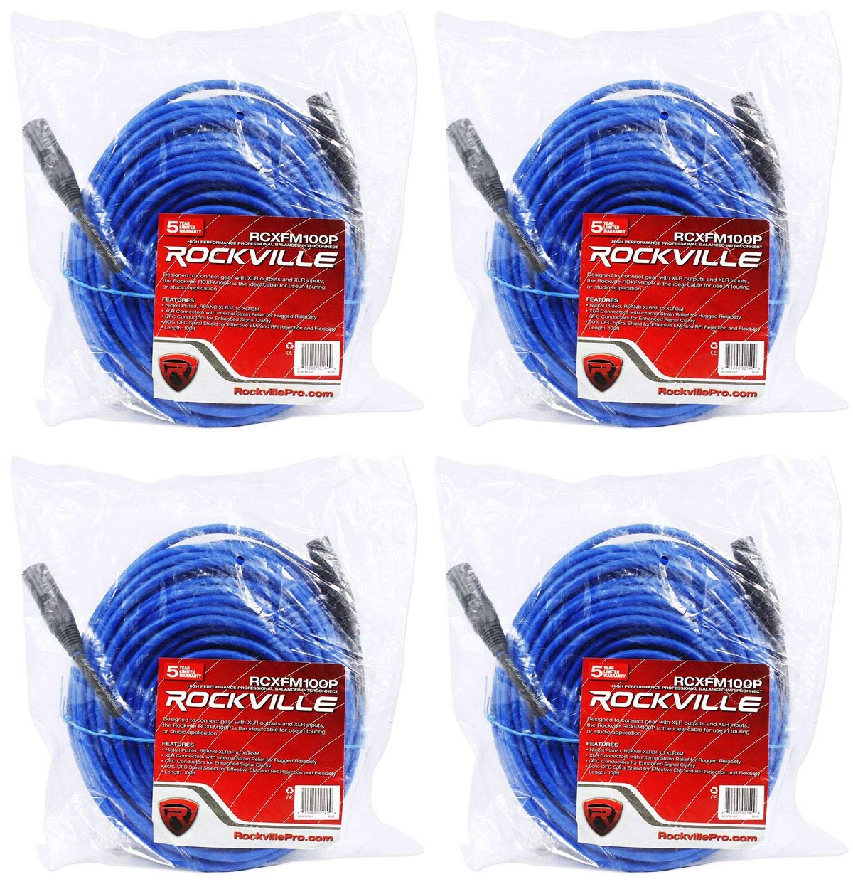 Rockville (4 RCXFM100P-BL Blue 100' Female to Male REAN XLR Mic/Speaker Cable
