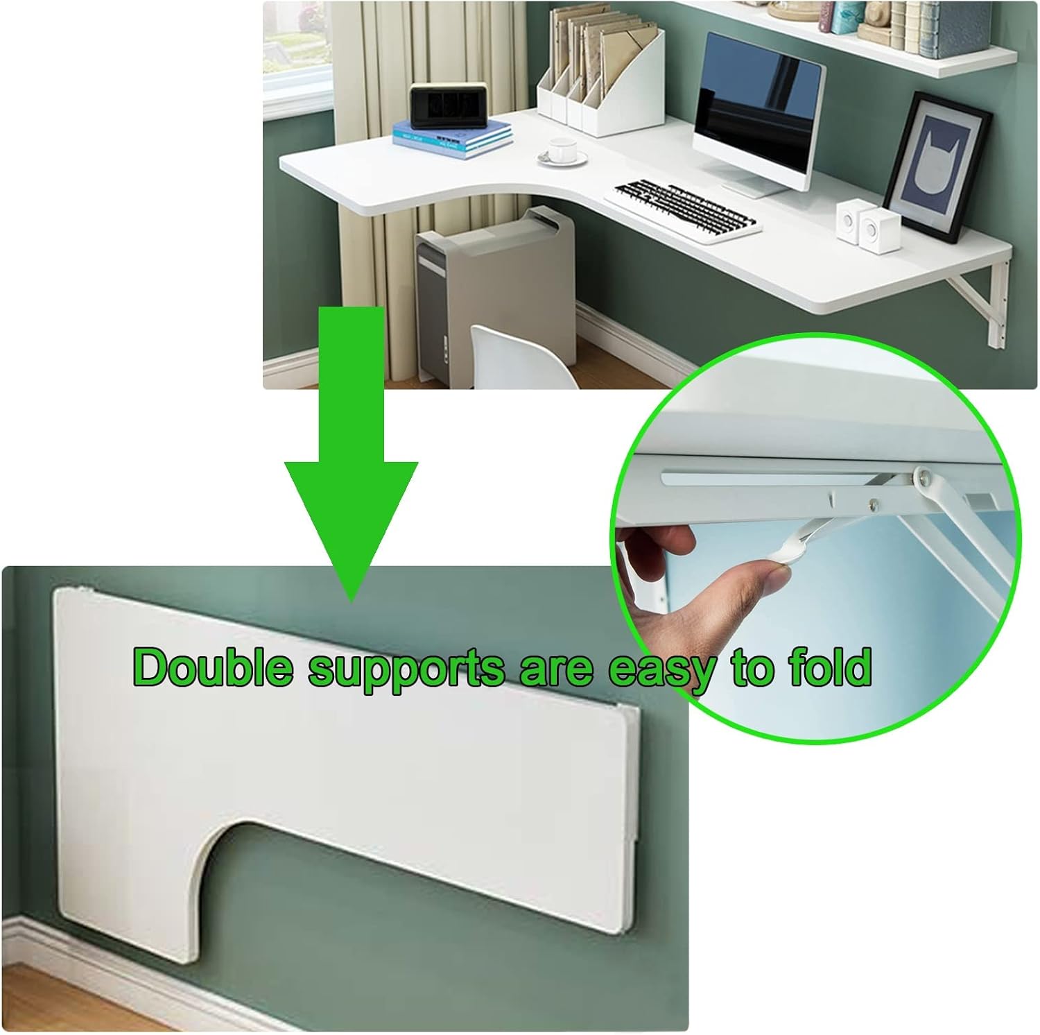 LIGUOYI Corner Wall Mount Folding Table, L 24in ~ 47in Multifunction Computer Desk Home Office Table, Wooden White Black Study Table, Space Saving Folding for Study, Bedroom, Office, Home