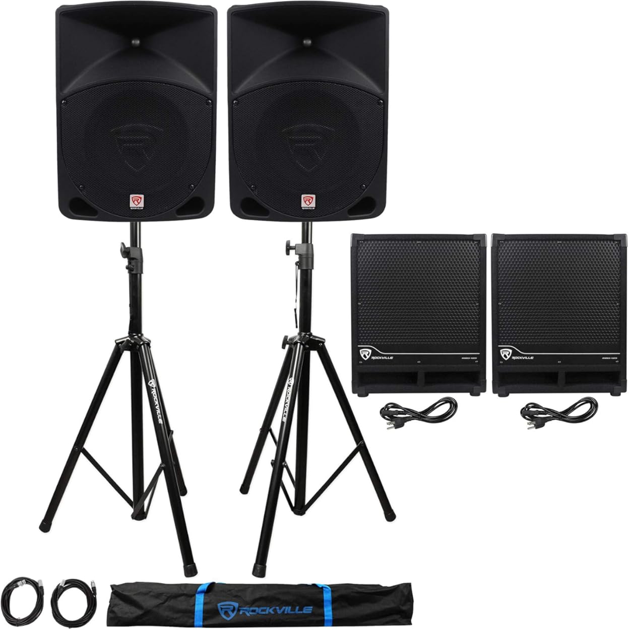 Rockville RPG10 Bundle: (2) 10-in Powered 2-Way DJ PA Speakers 150W RMS/600W Peak each, (2) RBG12S 12 in Subwoofers 350W RMS/1400W Peak each, Adjustable Tripod Stands, XLR Cables & Travel Bag, 5-items