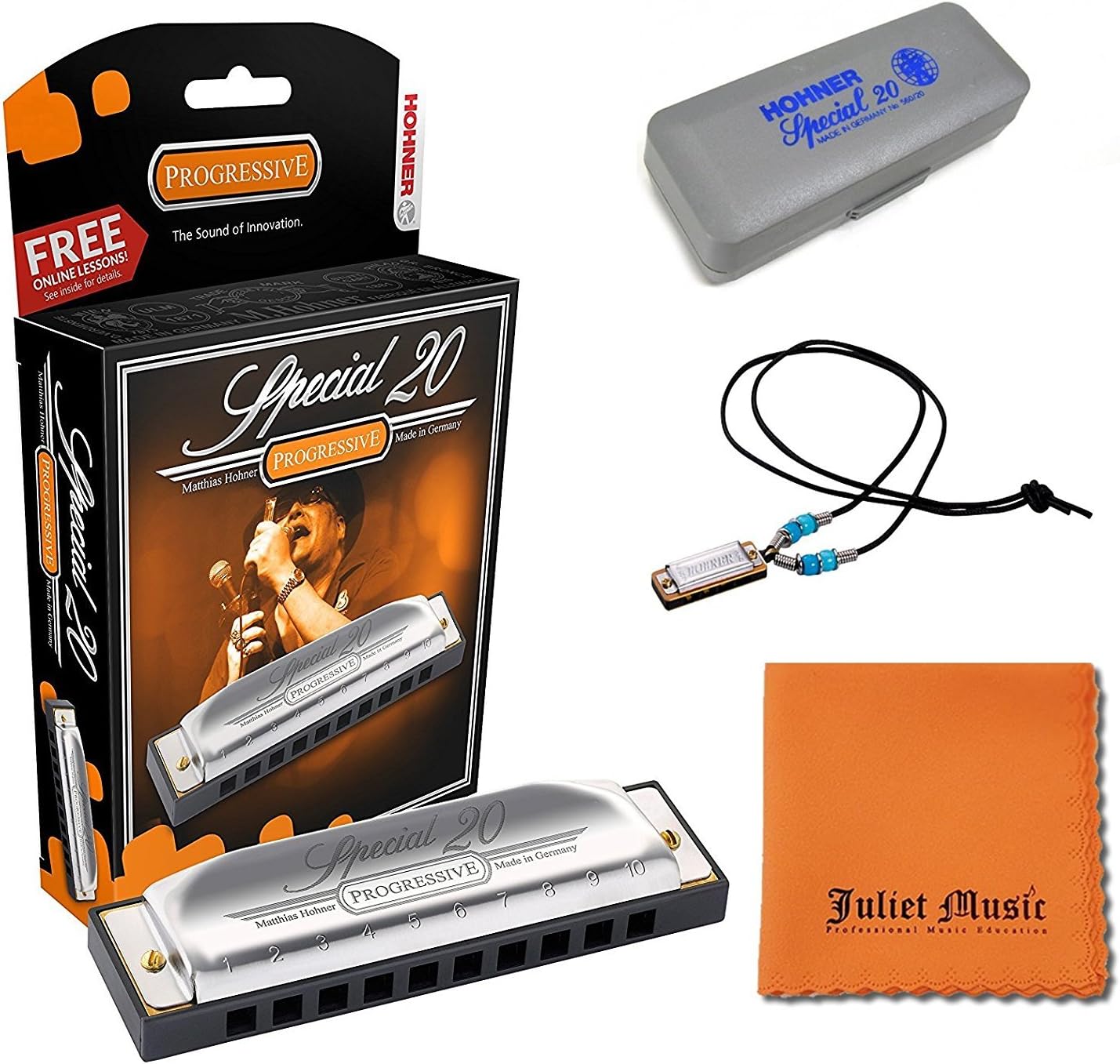 Hohner Special 20 Harmonica, 10 Holes Key E Bundle Hard Case, Mini Harmonica Necklace Juliet Music Polishing Cloth