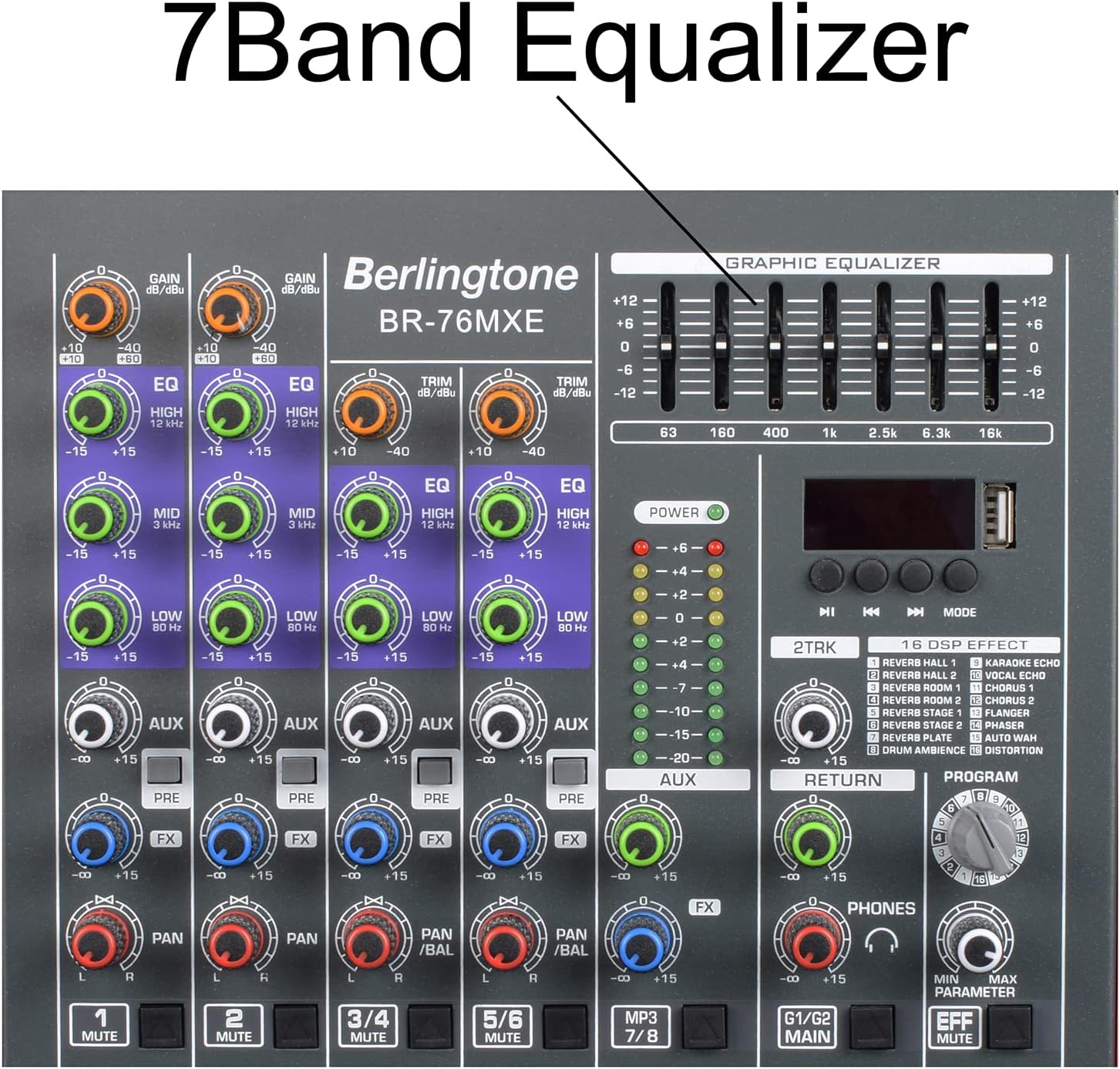 Professional 6 - Channel Bluetooth Studio Audio Mixer - DJ Sound Controller, USB Drive, PC Recording, RCA, XLR Microphone Jack, 7 Band EQ, 16BIT Digital Multi Effect Processor (BR-76MX)