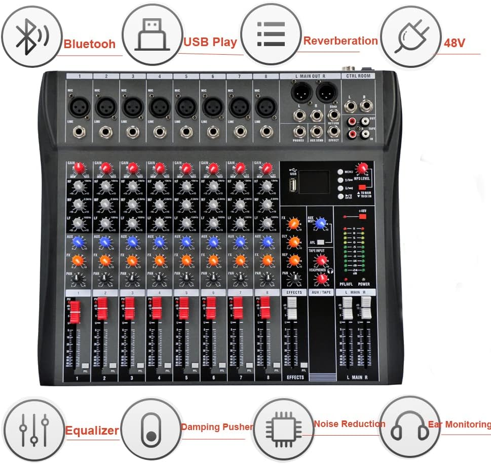 Professional Sound Board Console System 8-Channel Sound Mixing Board USB Pro Studio DJ Sound Controller Voice Mixing Sound Mixing Console Music Recording Equipment for Stage Performance Bar Home Party