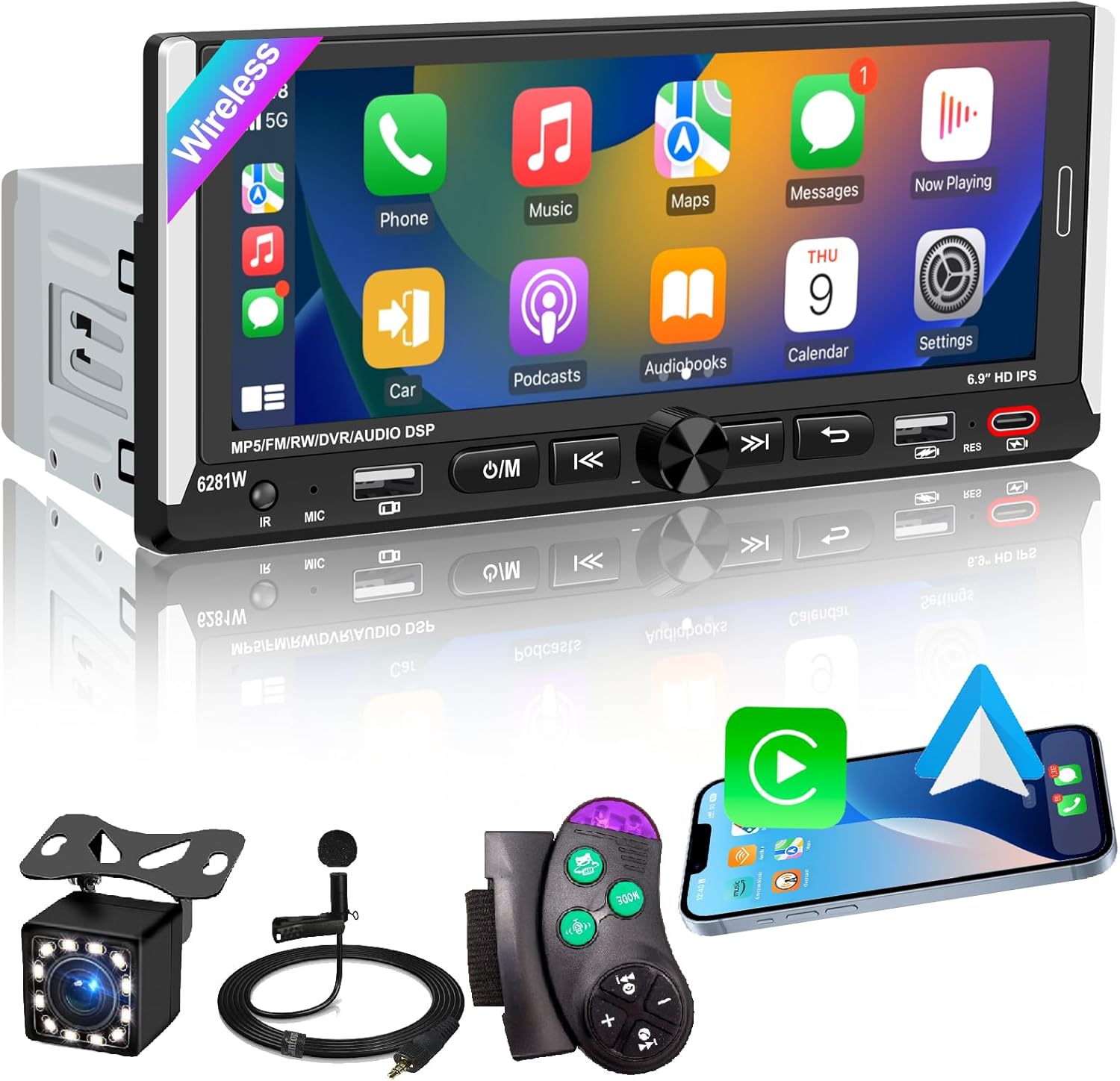 Wireless Apple CarPlay, Single DIN Car Radio, Car Stereo with 6.86