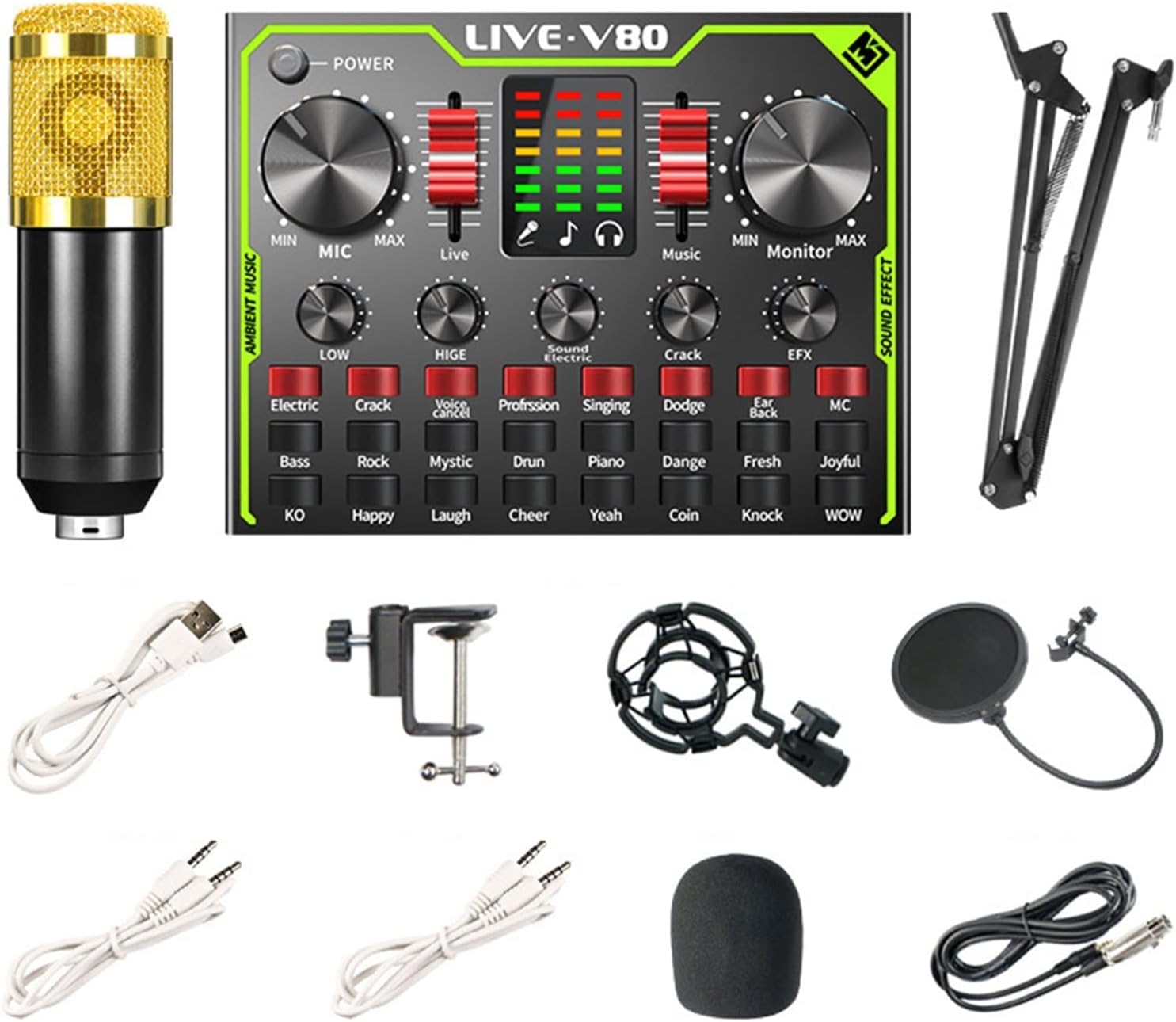 Professional Audio Mixer, Music Recording Audio Game Voice Changer Real Time Live Sound Card Multi Effects Mixer Board with LED Light