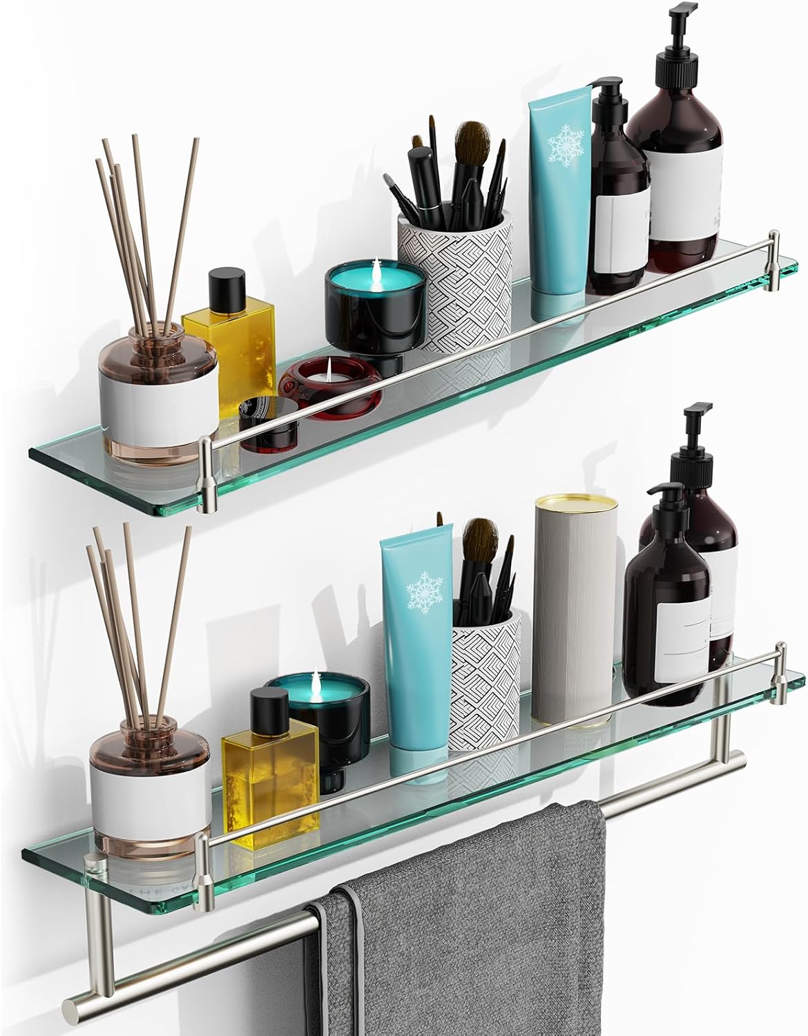 Glass Shelf for Bathroom 2 Pack,24-Inches Floating Glass Shelves Towel Bar/Track(Brushed Nickel)