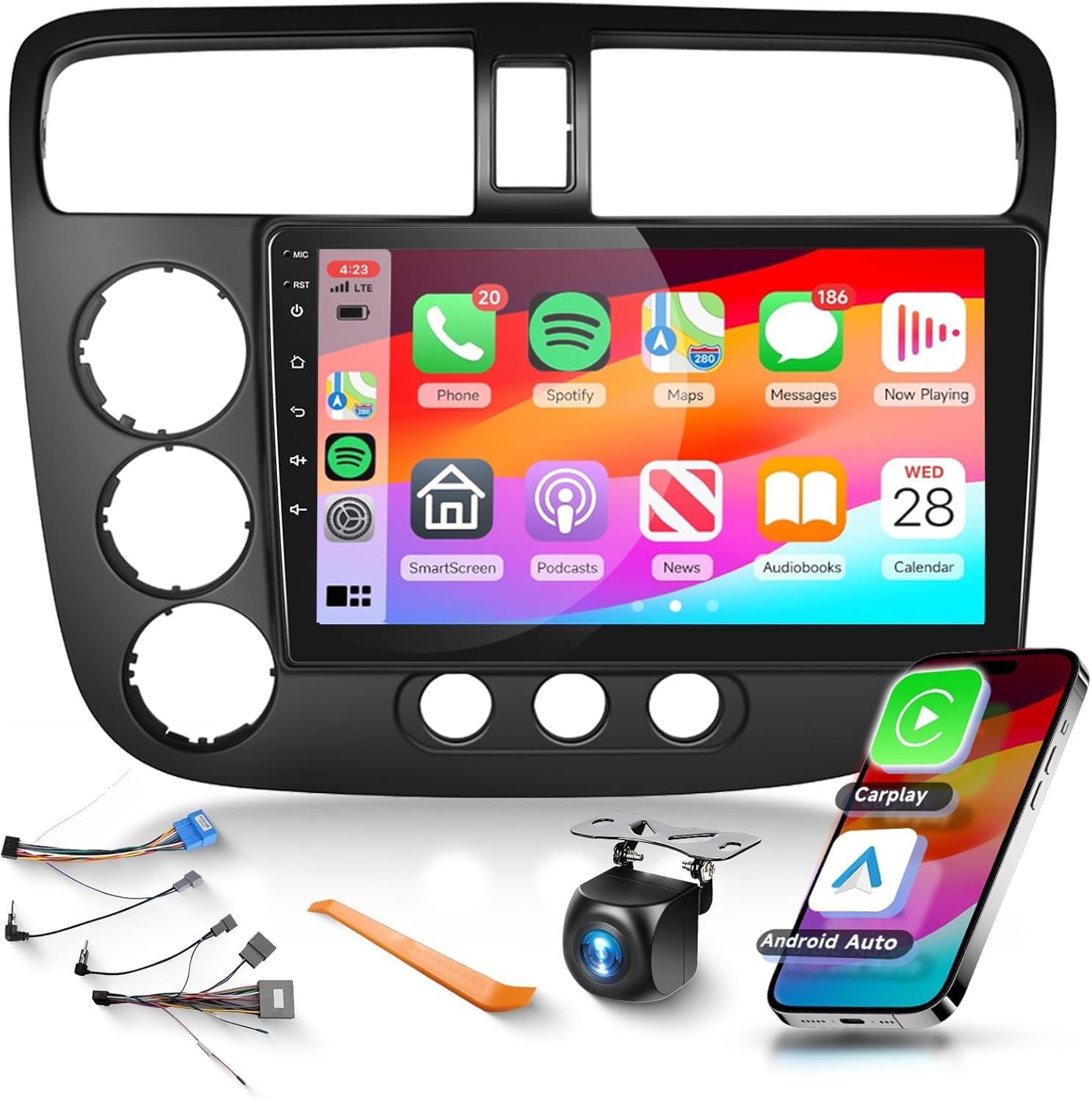 Podofo Car Stereo for Honda Civic 2001 2002 2003 2004 2005 Radio,Built-in DSP EQ Wireless CarPlay/Android Auto/MirrorLink/9inch HD IPS Touch Screen 26UIs/Bluetooth/GPS Chip/WiFi/AHD Backup Camera/SWC