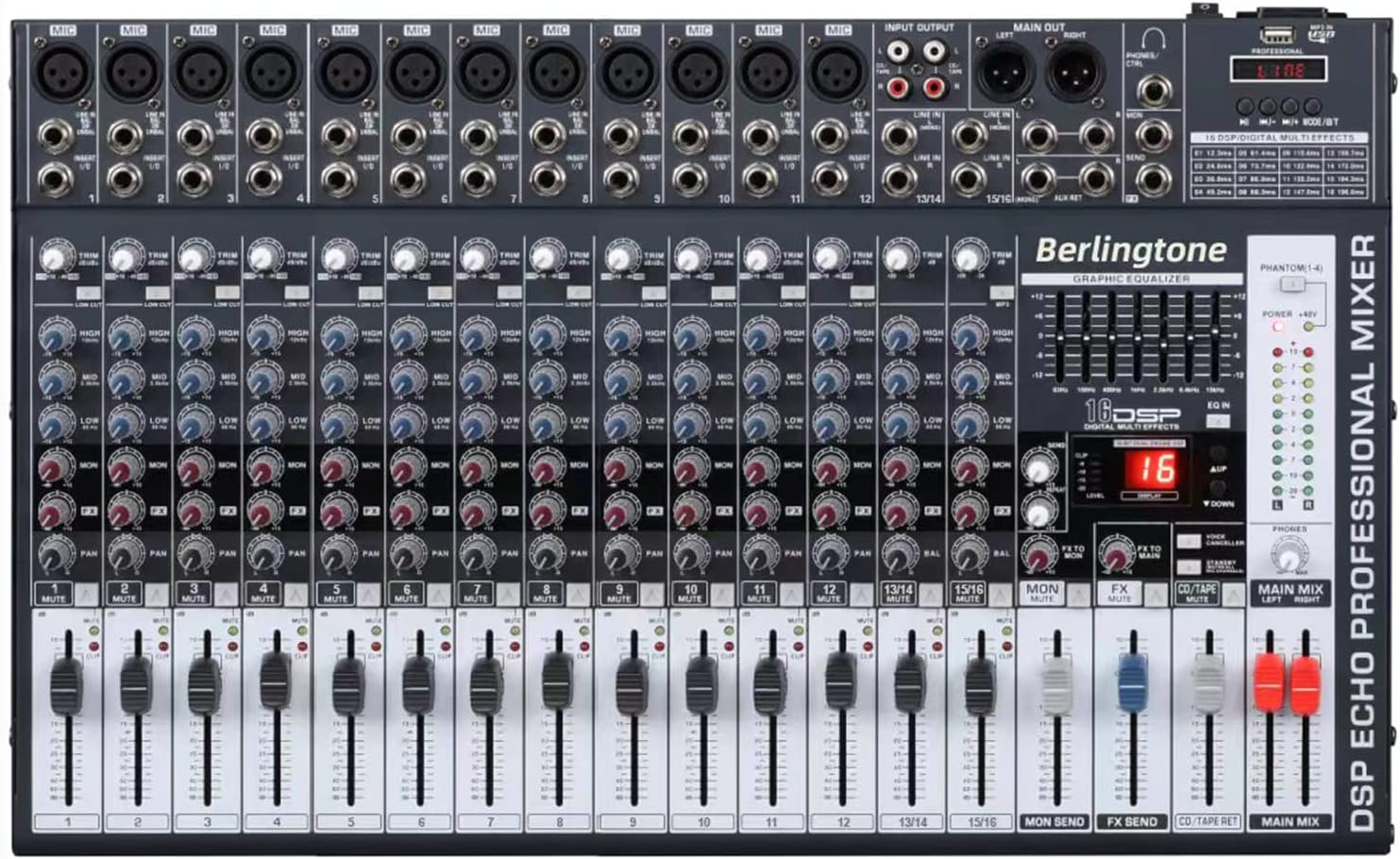-Berlingtone,16 Channel Professional Bluetooth Studio Audio Mixer - DJ Sound Controller, USB MP3 Player, 14 Microphone Jack, 7 Band EQ, 16 BIT Digital FX, 48V Phantom Power, Unpowered (BR-166MX)