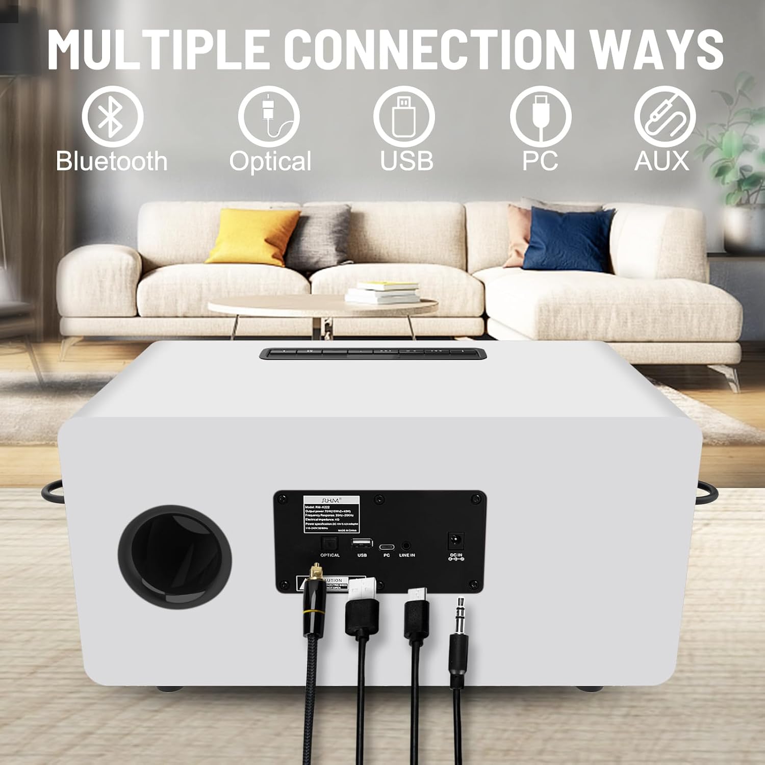 RHM K222 Karaoke Machine, Connect to TV via Optical or Bluetooth, with Powerful Sound, Deep Bass, 2 UHF Wireless Mics & 5 Music Modes, Support AUX/USB/PC, Wooden Karaoke Speaker for Home Party