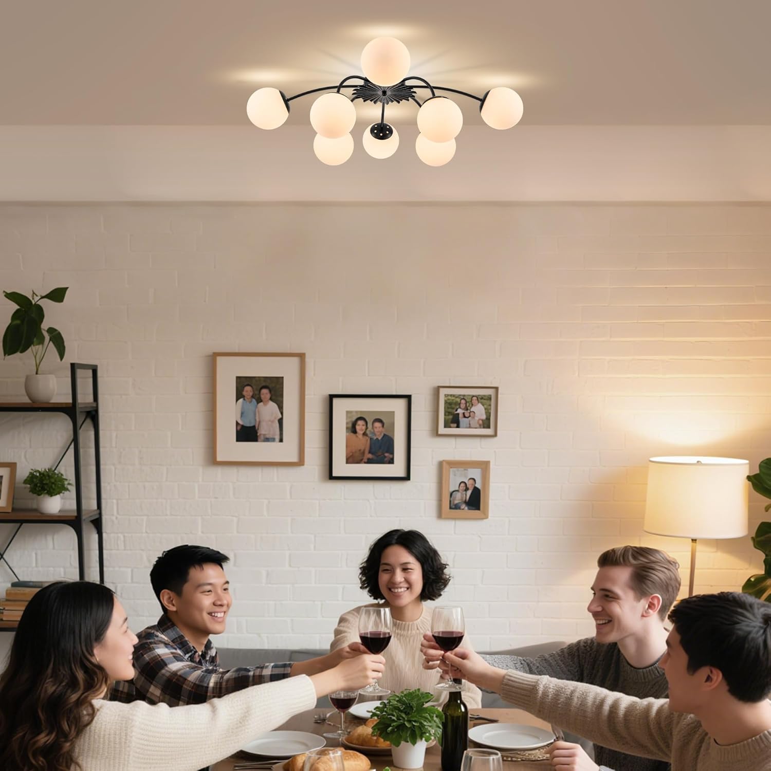 8-Light Mid Century Sputnik Semi Flush Mount Ceiling Lights Black, 32.9 in. Milk Glass Globe Light Blossom Accent Glass Bubble Chandeliers Light Fixture for Dining Bedroom Living Entry