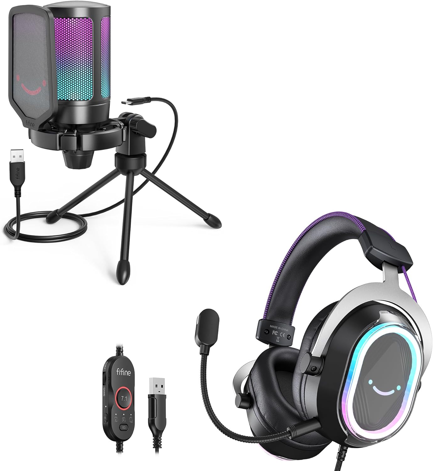 FIFINE Gaming Microphone with Wired Headset, Streaming Computer Mic with Quick Mute, RGB 7.1 Surround Sound Gaming Headphone with for PC, PS5,YouTube (A6V+H13BP)