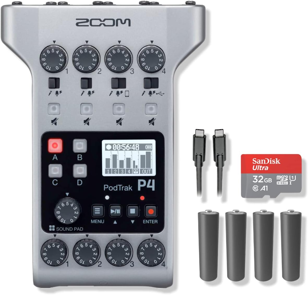 Zoom PodTrak P4 Portable Podcast Recorder with 4x AA Batteries, 32GB SD Card, USB-C to USB-C Cable and StreamEye Polishing Cloth