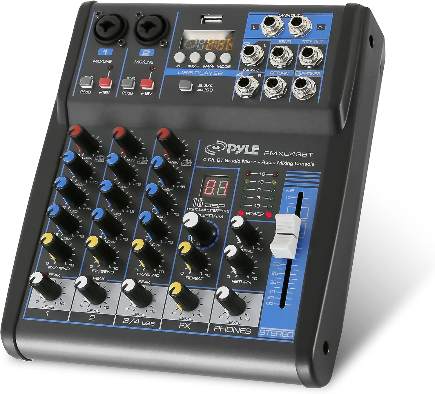 Pyle Professional Audio Mixer Sound Board Console System - 4 Channel -Bluetooth - USB MP3 Computer Input - 48V Phantom Power - Stereo DJ Studio Streaming FX 16-Bit DSP processor - PMXU43BT