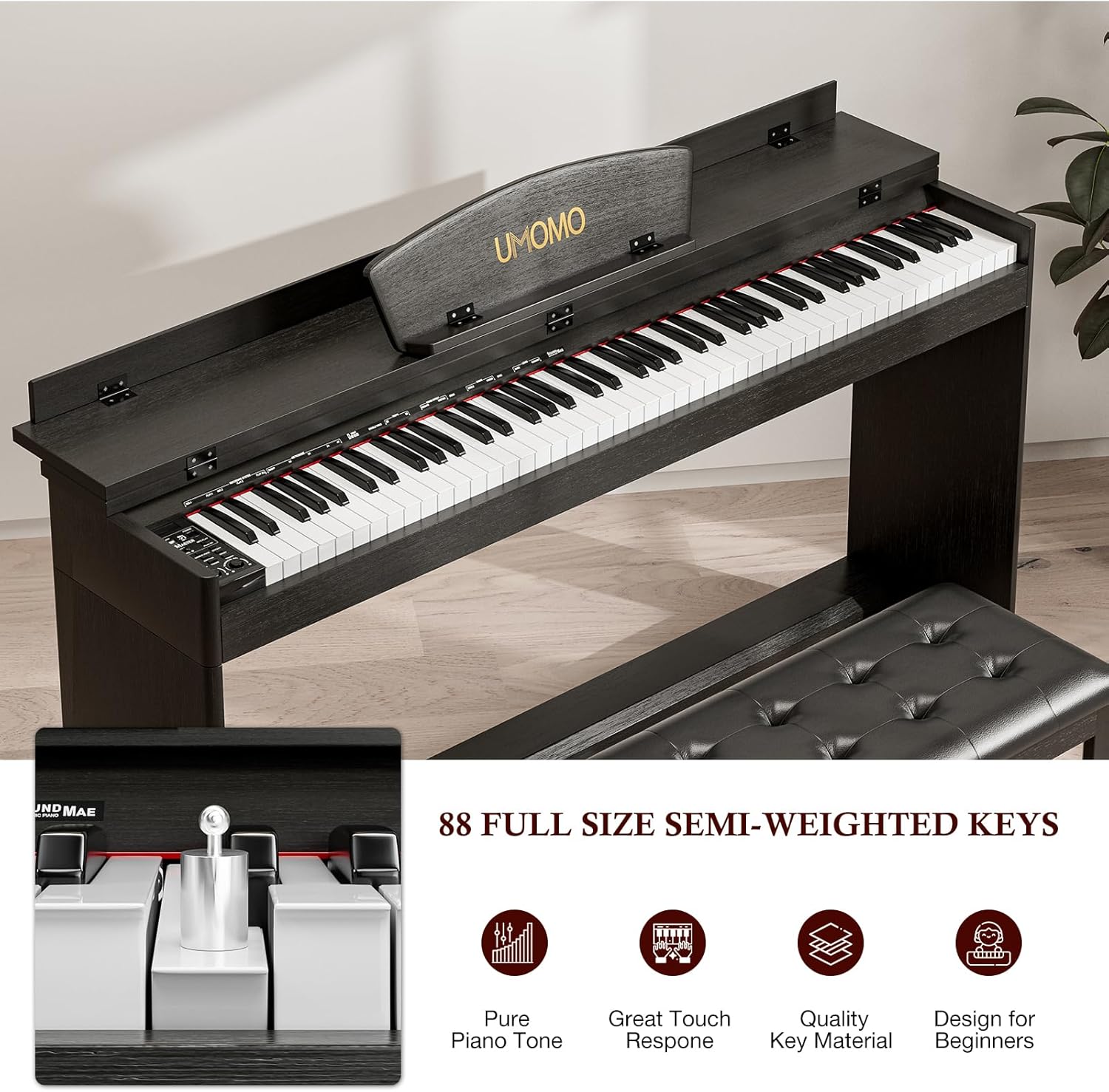UMOMO 88 Key Full Size Digital Piano Electric Keyboard with Piano Bench, Music Stand+Power Adapter+3-Pedal Board+Instruction Book+Headphone Jack for Beginner/Adults, Black