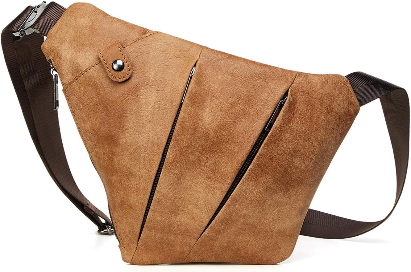 Anti-theft Sling Chest Pack for Men Genuine Leather Crossbody Shoulder Bag Segmented Crossover Backpack Business Travel Cycling Camping Hiking One Strap Backpack Daypack Waterproof Light Brown