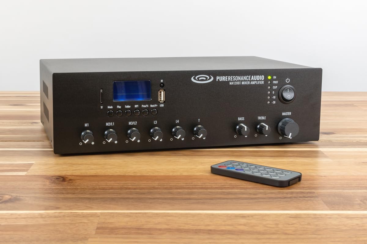 Pure Resonance Audio MA120BT 120W 7-Channel Bluetooth Mixer Amplifier with USB, TF, and Remote Control - XLR, 1/4 TS, RCA Inputs, 70V/100V/4-16 Ohm Output for Commercial Audio Systems