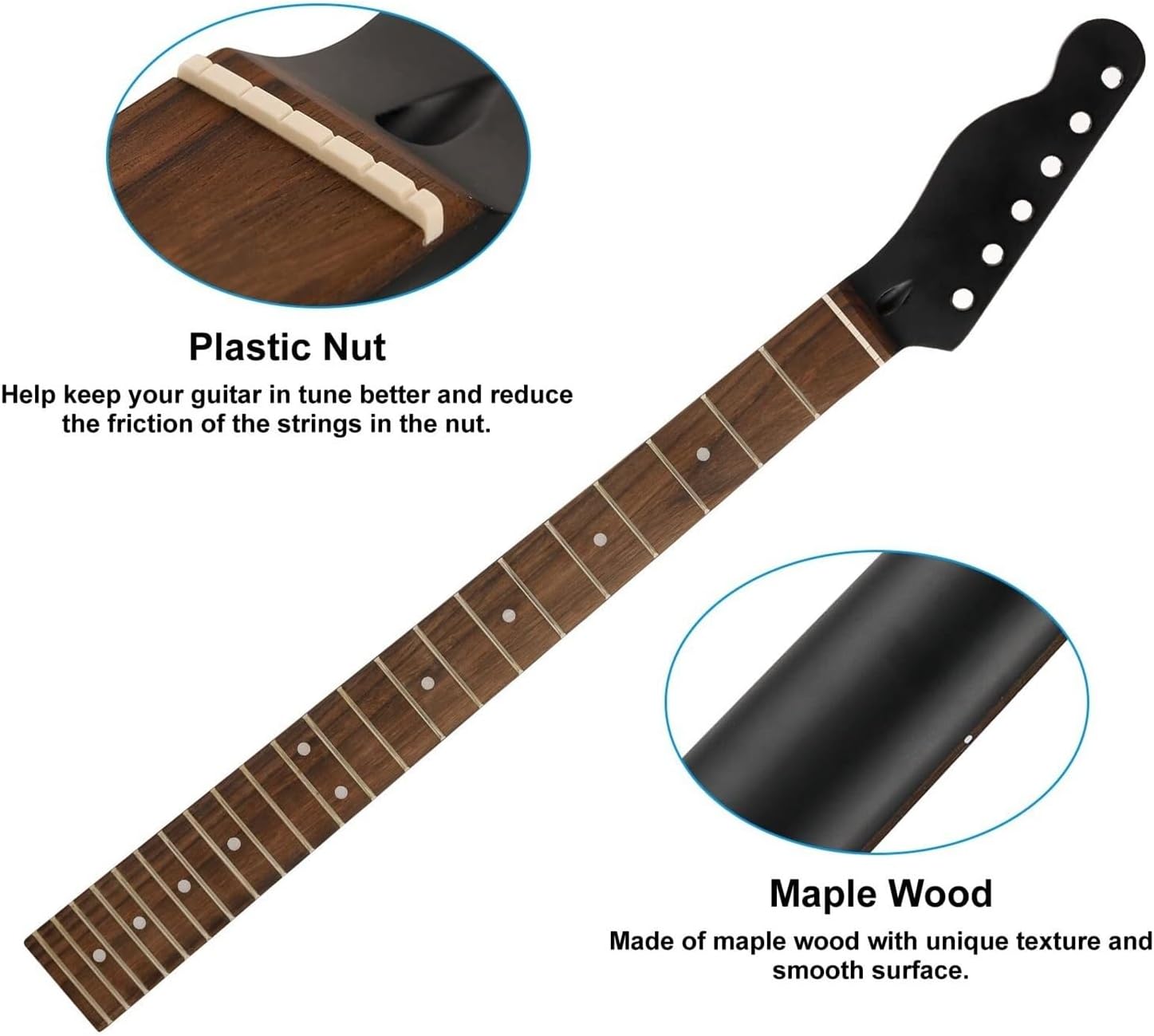 22 Fret Left-Hand Electric Guitar Neck (Maple Headstock, Rosewood Fretboard) – Black Replacement for TL Style Guitars