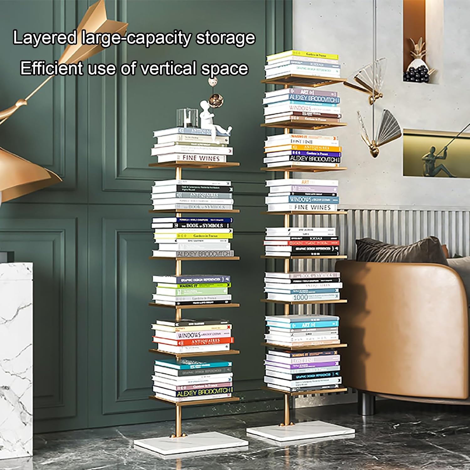 Metal Spine Bookshelf Tower, Modern Open Vertical Bookcase, Invisible Floating Storage Rack, Narrow Floor Standing Organizer, Display Shelf for Small Space(Gold,150cm/59in)