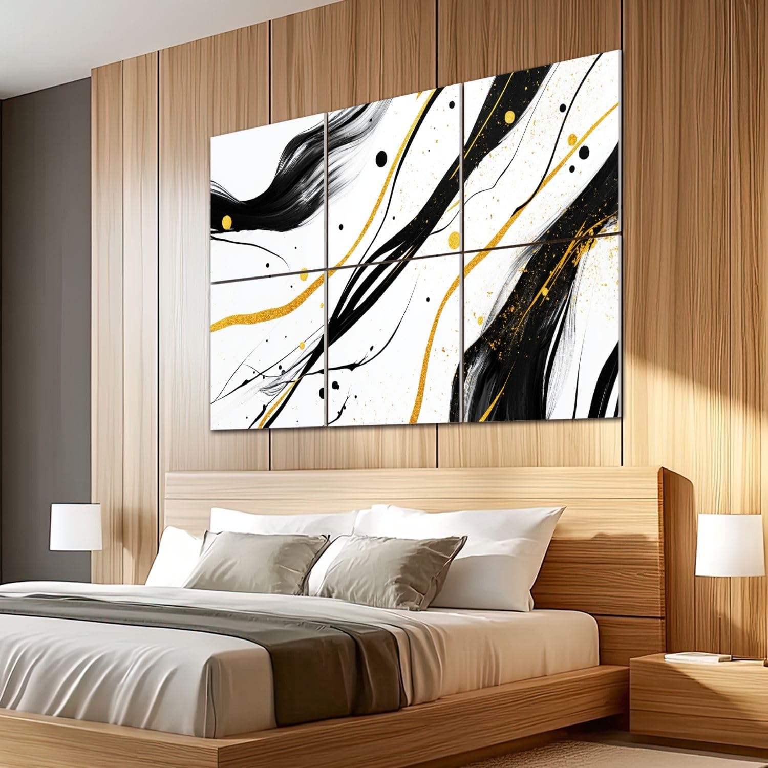 6 Pack Art Acoustic Panels Sound Absorbing Black White Gold Lines Brush Strokes Accents Fluid Dynamic Movement Decorative Soundproof Wall Panels Self Adhesive for Recording Studios Office 72