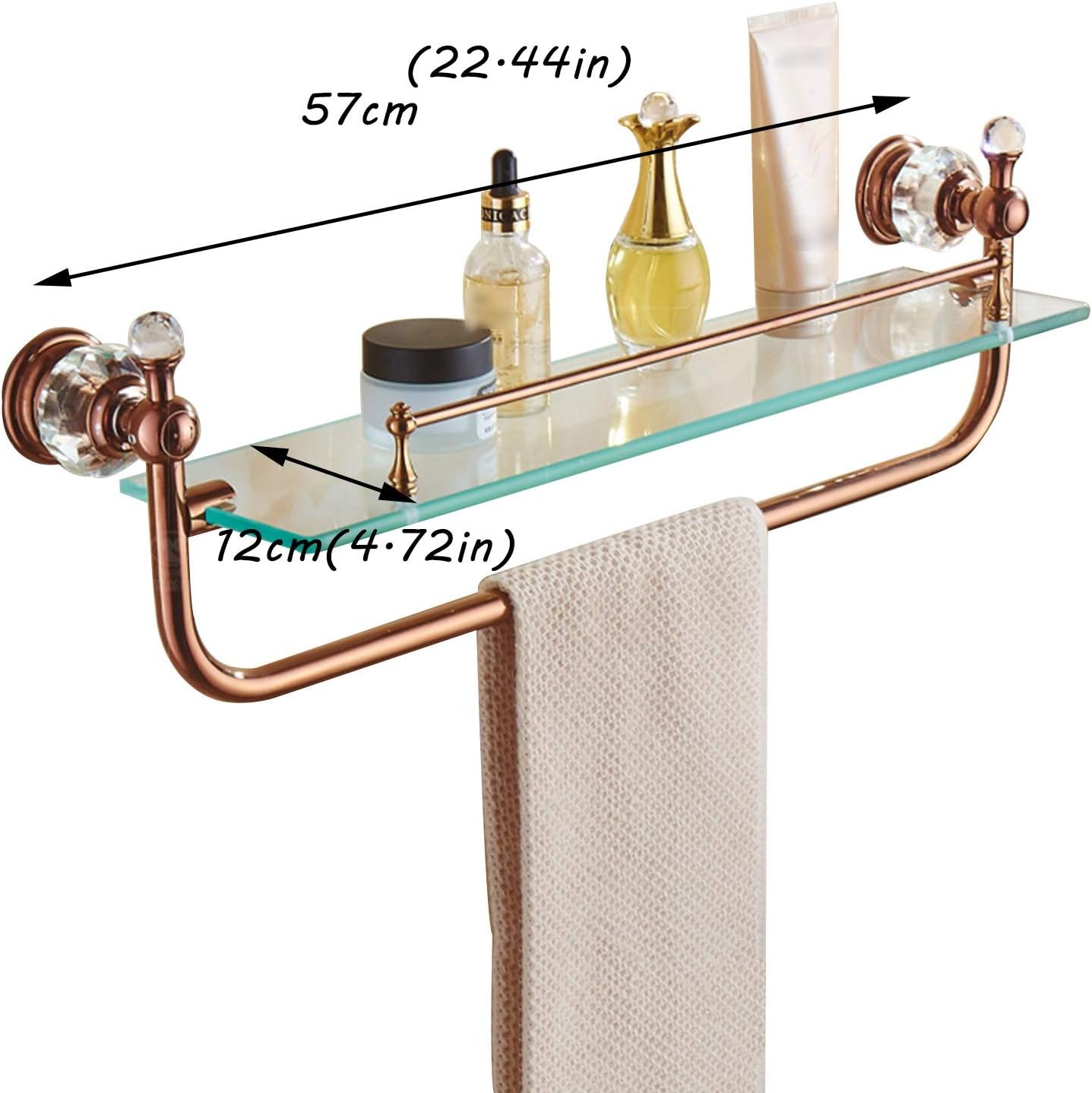 XXIOJUN Tempered Glass Shelf, Bathroom Shelves Wall Mounted Punch Installation Load 10kg with Towel Bar for Dressing Table, Bathroom, Shower Room, 3 Colors (Color : Rose Gold, Size : 57x12cm)