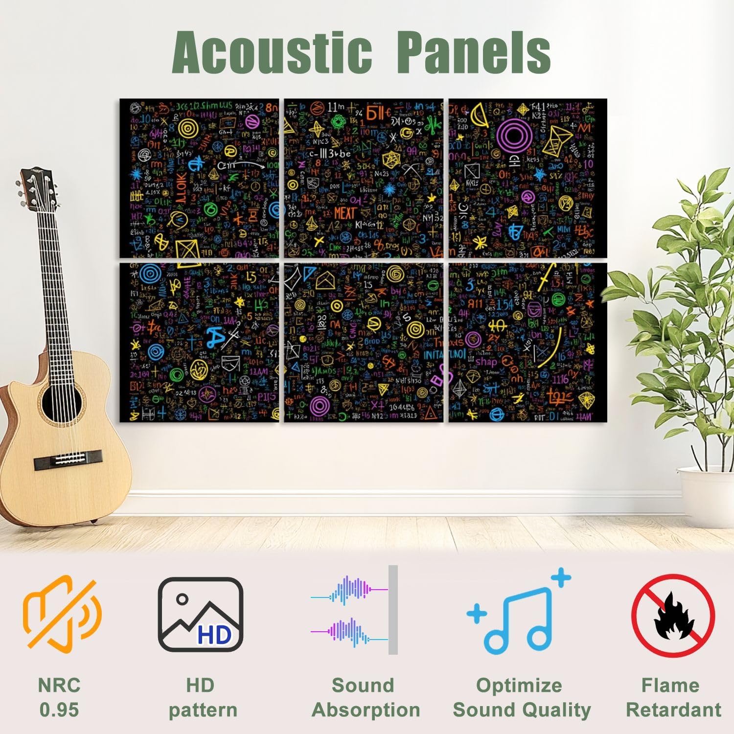 6 Pack Art Acoustic Panels Sound Absorbing Blackboard Math Symbols Numbers Geometric Shapes Letters Colorful Decorative Soundproof Wall Panels Self Adhesive for Recording Studios Office 72
