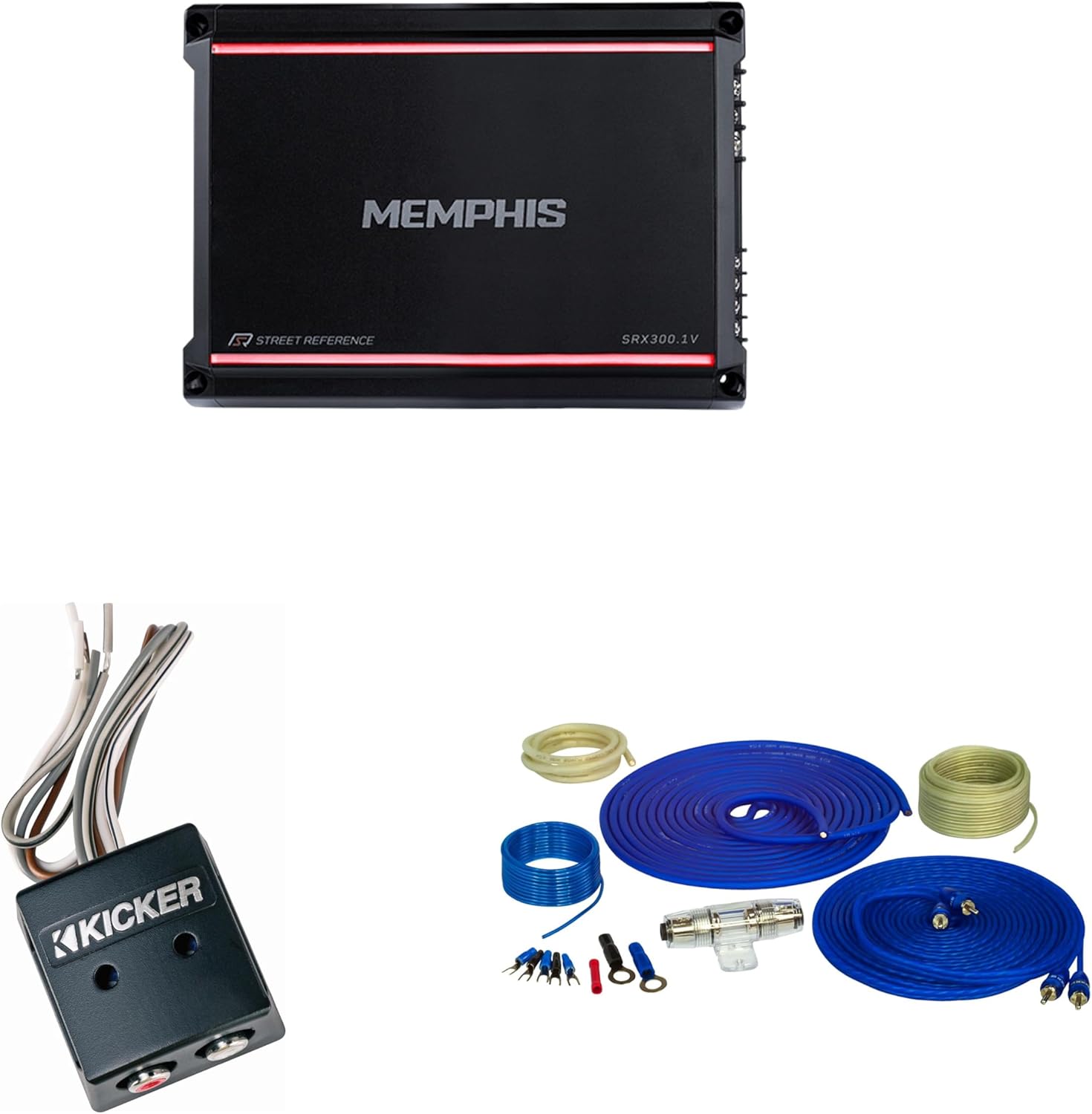 Memphis Audio SRX300.1V Mono 2-Ohm 300 Watt with 46KISLOC K-Series Interconnect, Speaker to RCA W/Line-Out Converter and Wiring Kit