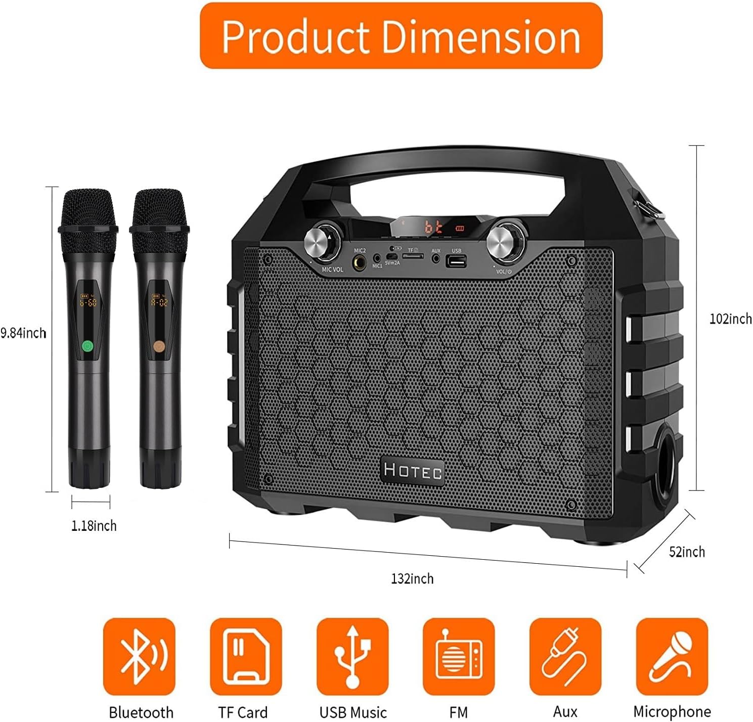 Hotec Wireless Bluetooth Portable PA Speaker System, Powerful Bluetooth Karaoke Machine with Dual Wireless Microphones for Karaoke, Wedding, Party, Teaching, Lecture, Church, Outdoor Indoor Activities