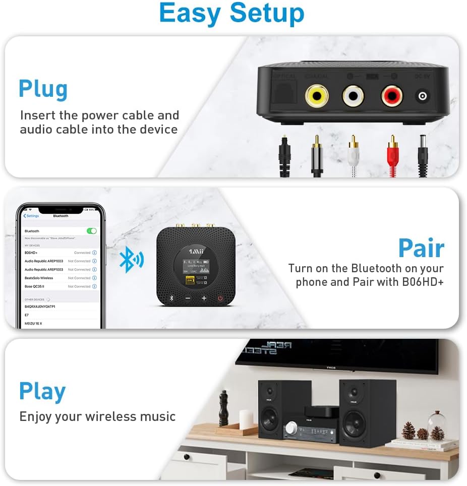 1Mii B06HD+ Hi-Res Bluetooth 5.1 Music Receiver for Home Stereo w/LDAC, Hi-Fi Bluetooth Adapter w/Audiophile DAC aptX HD Volume Control OLED Display, Wireless Audio Adapter for AV Receiver/Amplifier