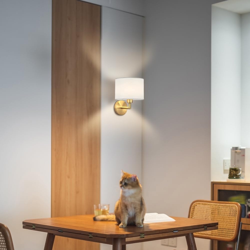 Drum Fabric Wall Sconces, Vintage Industrial Hardwired Boho Wall Sconce Bedside Light with Drum Shade, Rustic Indoor Wall Mount Light Fixtures for Dining Room Living Room Bedroom Hallway