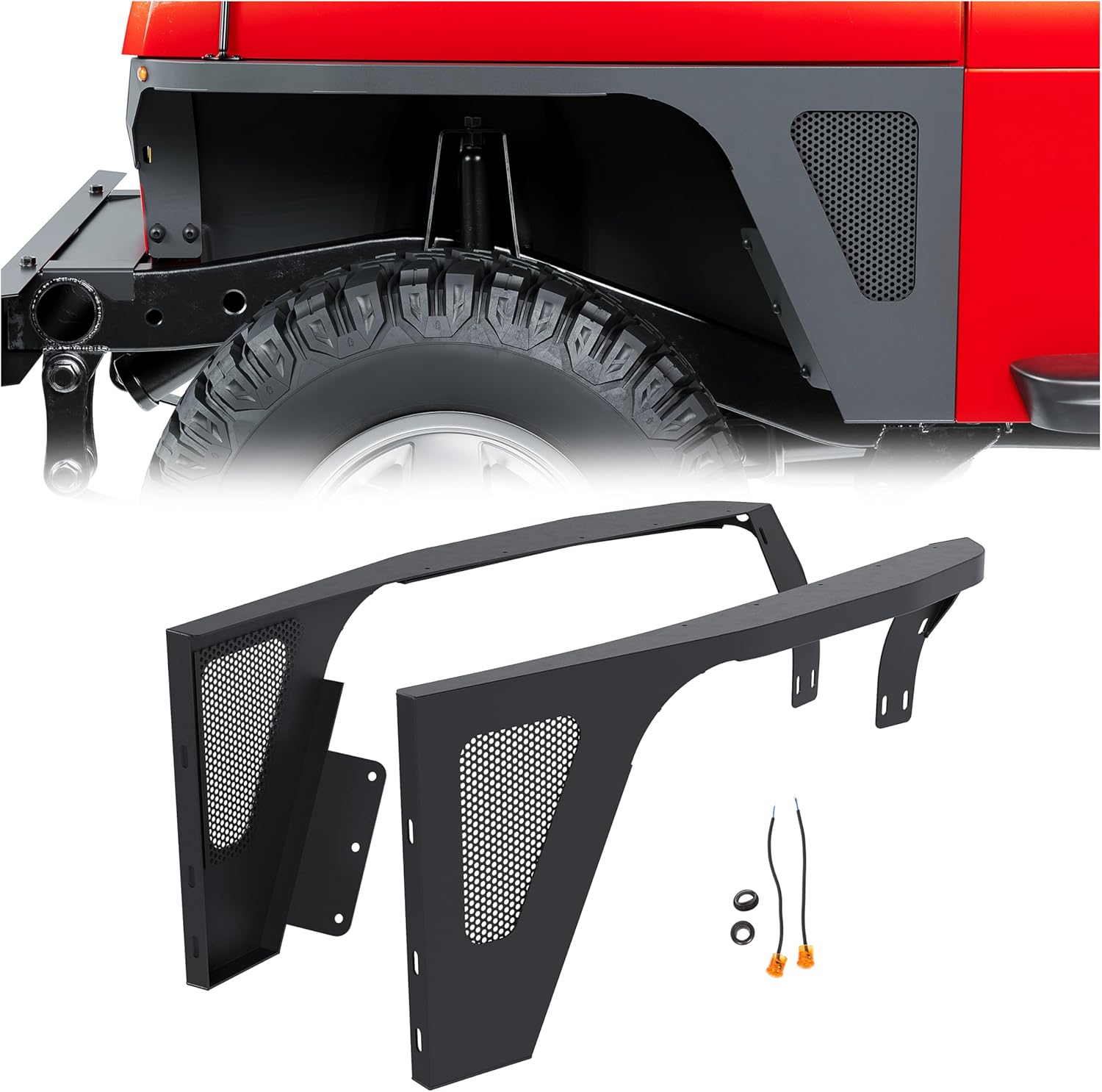 KUAFU Front Fender Flares Compatible with 1987-1995 Jeep Wrangler YJ Body Armor Rocker Guards with LED Eagle Lights Powder Coated Steel Driver and Passenger Side