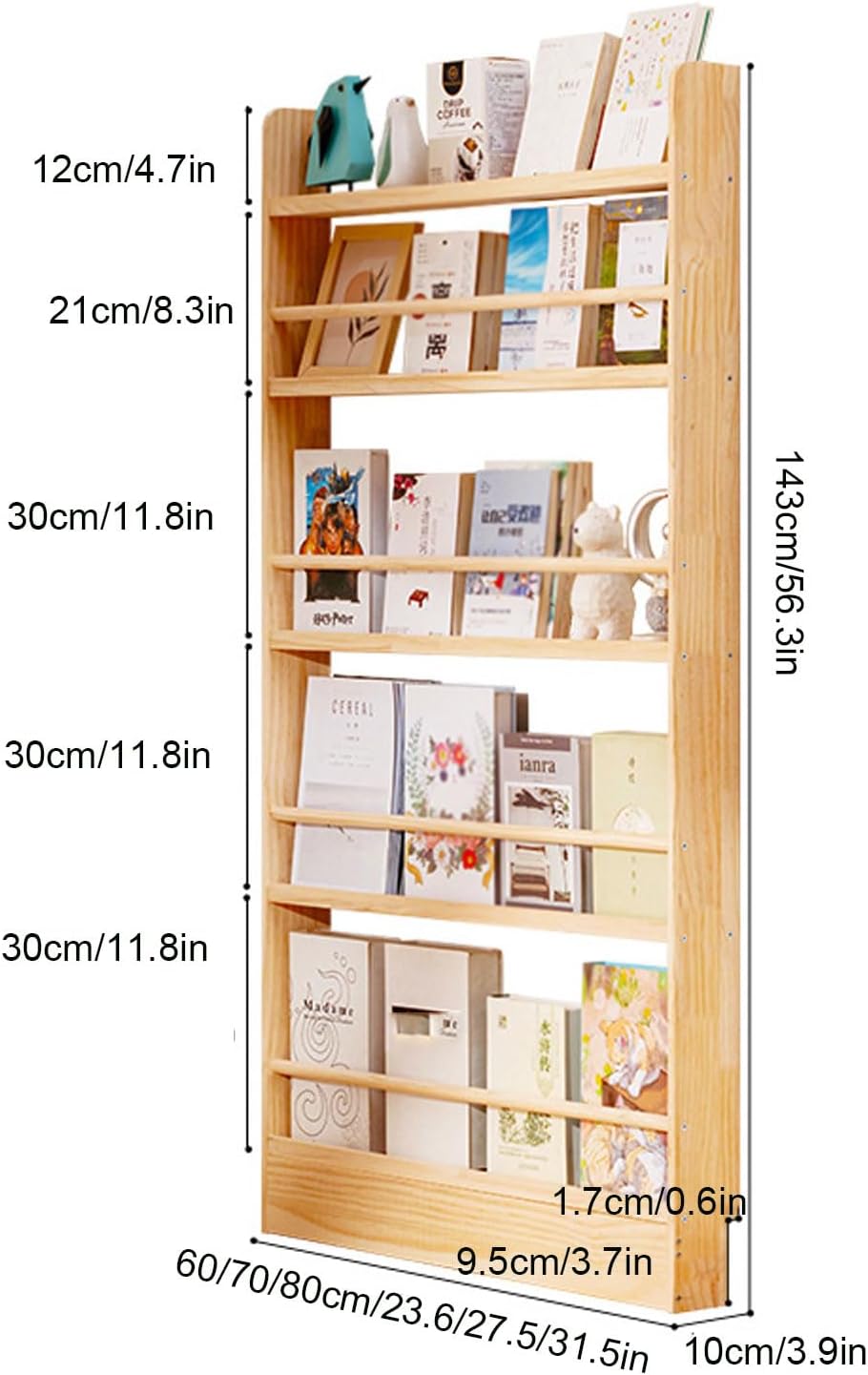 Behind The Door Bookshelf Solid Wood Bookcases with Open Display Shelves Behind The Door Storage Organizer for Toys and Books Space-Saving Wall Mount Narrow Book Shelf,60 * 10 * 143cm