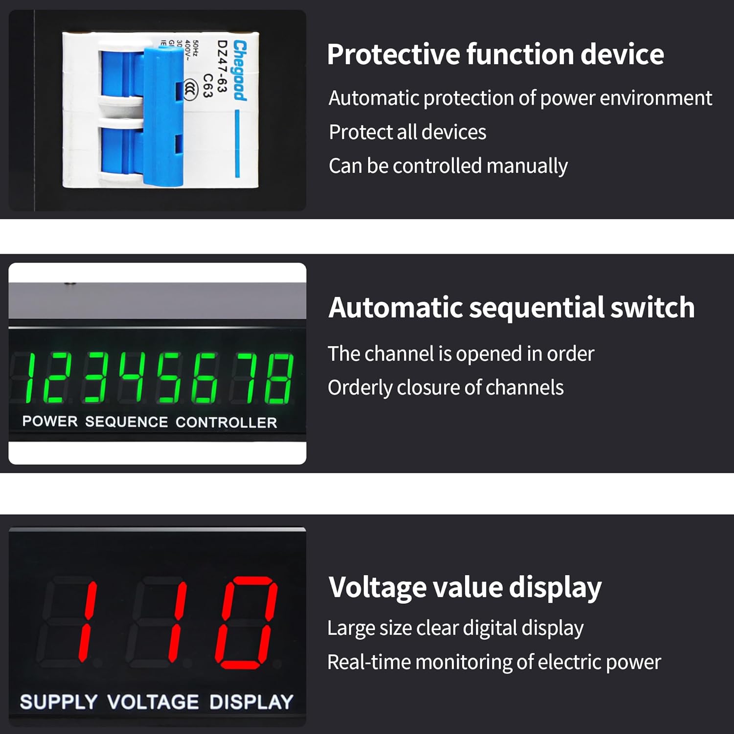 LED 10 Outlet Power Sequencer Conditioner, 3000W Rack Mount professional audio digital power controller voltage regulator w/voltage readout, USB, big digital display, home theater stage/studio use