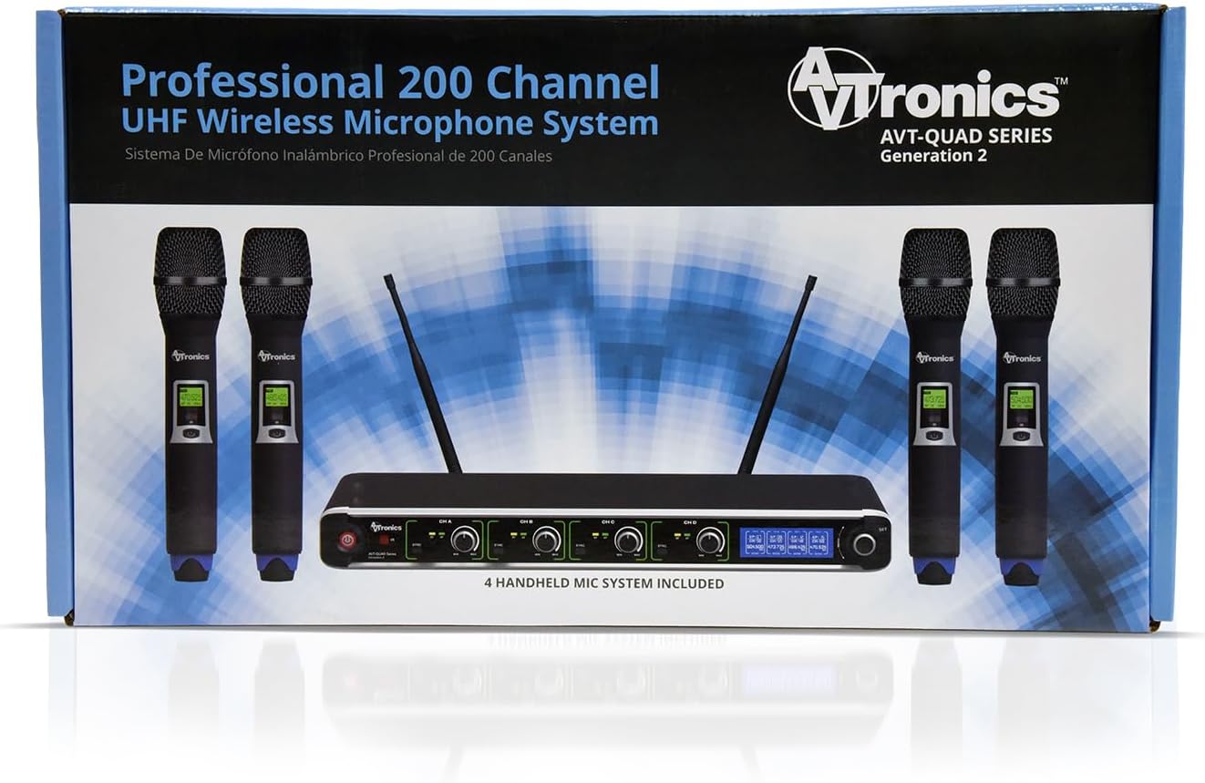 Professional Wireless Microphone System with 4 Handheld Dynamic Microphones, 200 Channels Uhf Wireless Mic with LCD Display, Karaoke for Events, Church and Singing, Range 200 Feet, Black