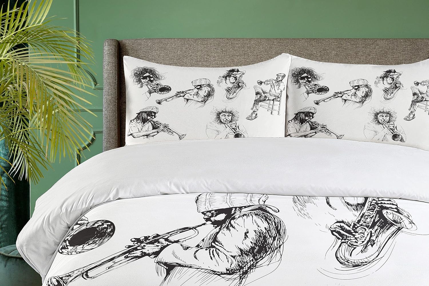 Ambesonne Music Duvet Cover Set, Sketch Image Jazz Players Playing Instruments Trumpet Saxophone Music Theme, Decorative 3 Piece Bedding Set with 2 Pillow Shams, King Size, Charcoal Grey White
