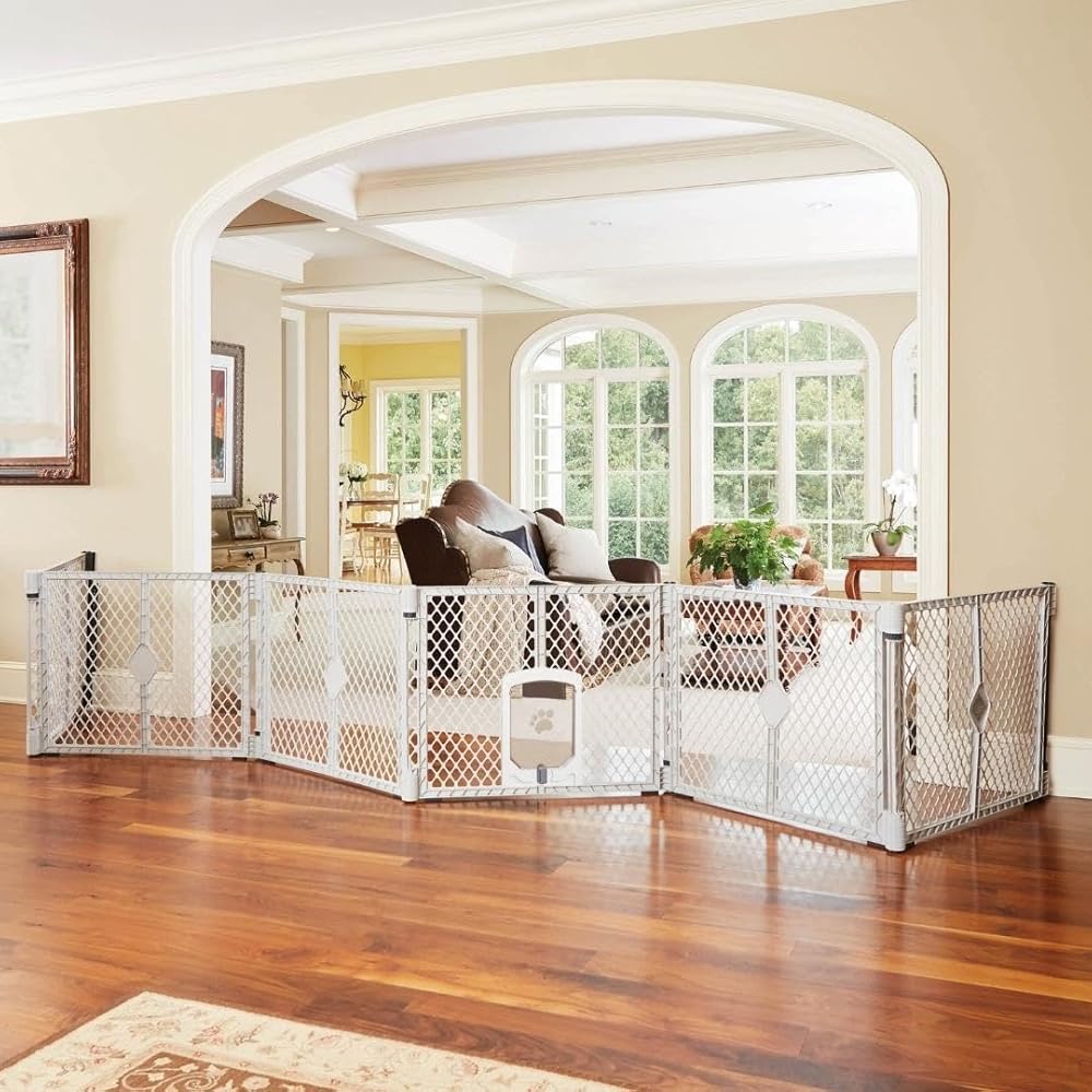 MyPet North States Petyard Passage: 6-Panel Dog Playpen or Dog Fence, Wall Mount Kit Included. Free Standing Play Pen 5.5 ft Corner to Corner, Lockable Pet Door. Made in USA. 26