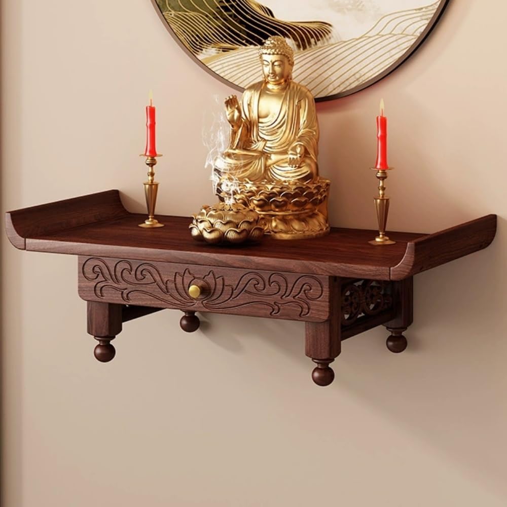 Wall Mount Buddha Statue Stand with Pull-Out Plate, Solid Wood Buddhist Altar Shelf for Home Prayer Space, Wall Mounted Altar Table for Meditation and Ritual Display(60cm/23.6in)