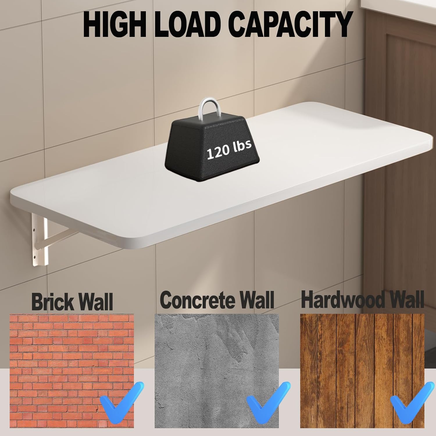 Wall Mounted Folding Table for Laundry Room Piano Baking Paint Waterproof, Wall Mount Table Fold Down Multi Size, Foldable Desk for Kitchens、Handicraft Production、Bars、Sewing Station（White）