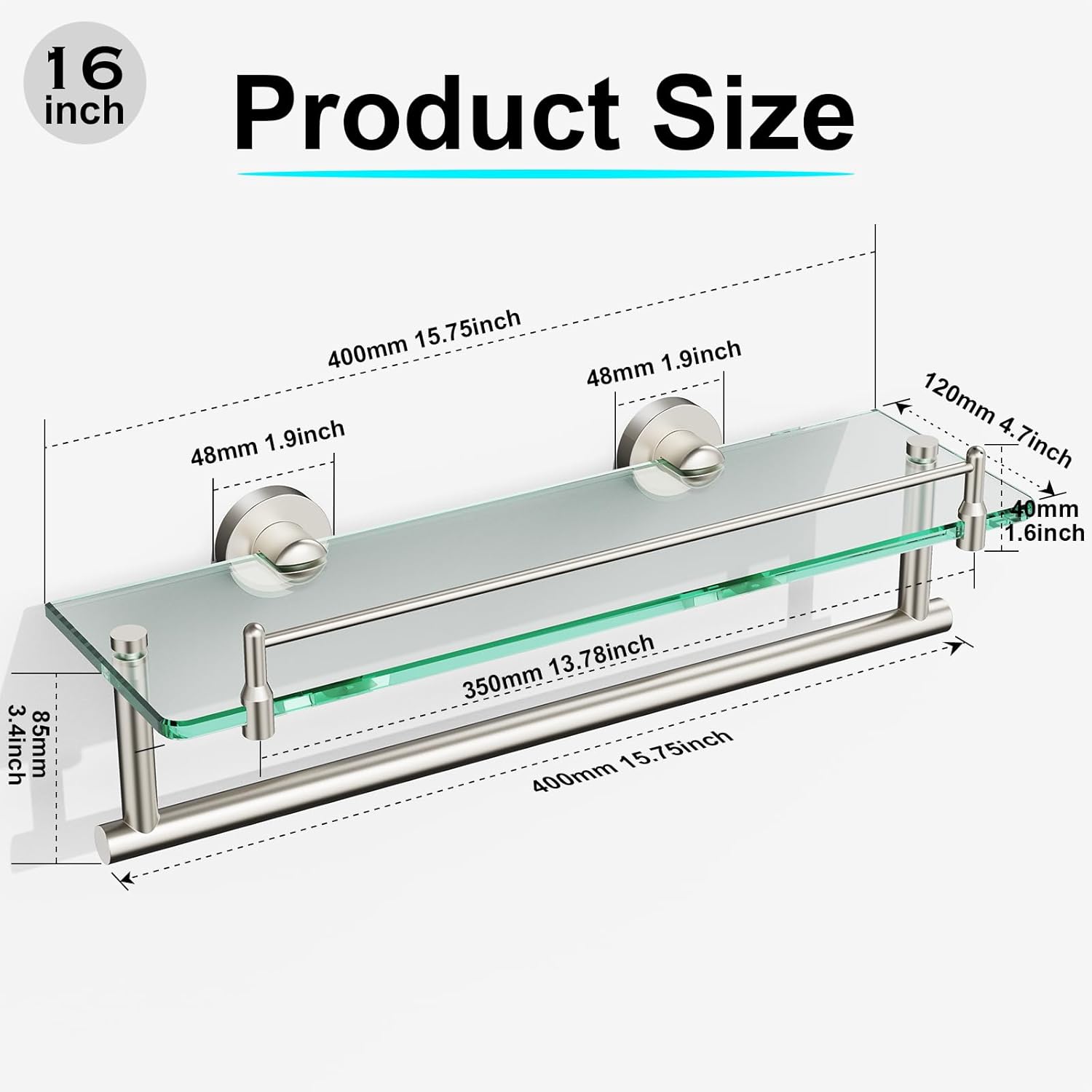 Glass Shelf for Bathroom 2 Pack,16-Inches Floating Glass Shelves Towel Bar/Track(Brushed Nickel)