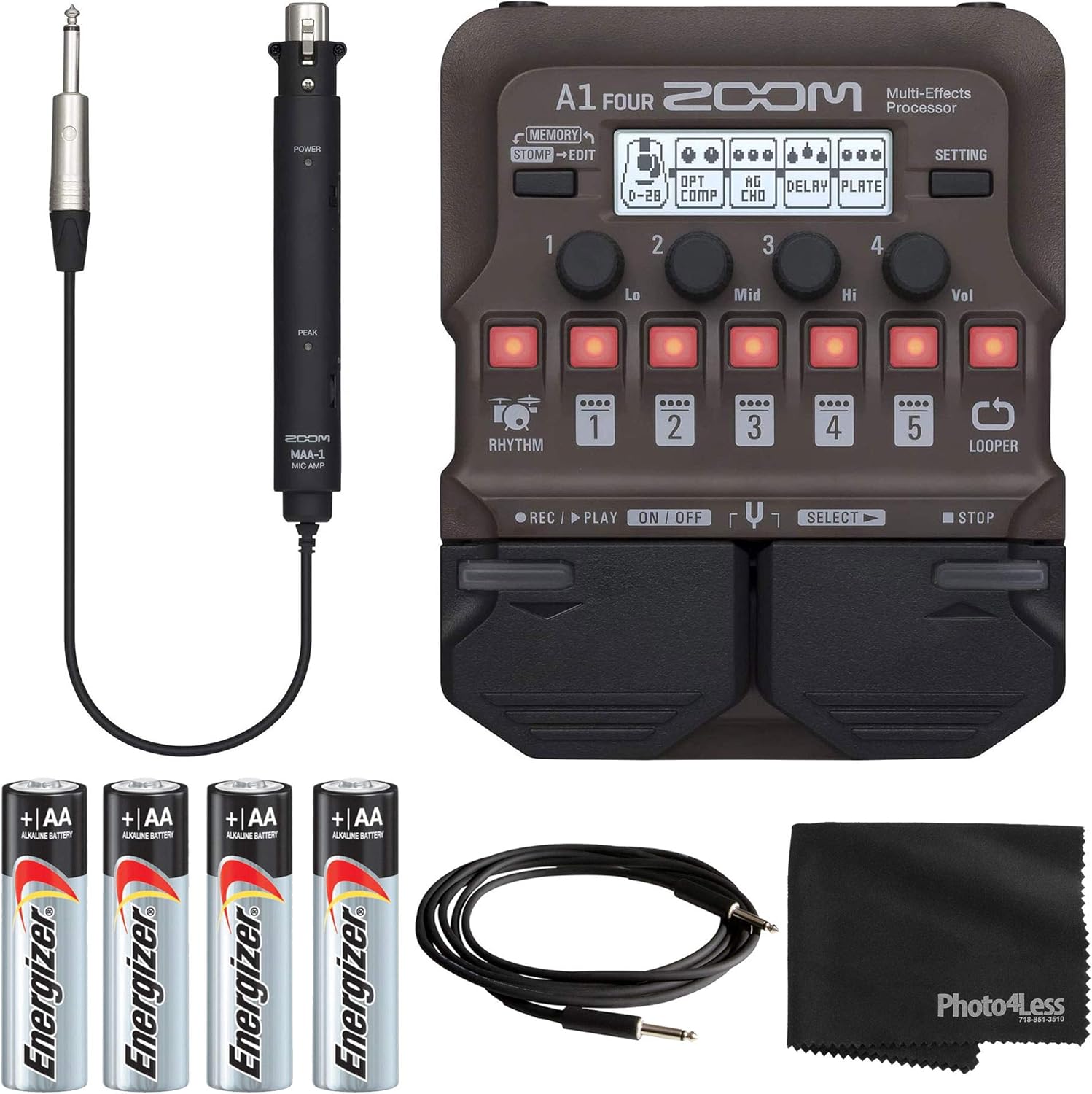 Zoom A1 FOUR Acoustic Instrument Multi-Effects Processor Pedal for Musical Instruments + 4x AA Batteries + Cable + Cleaning Cloth - Top Value Bundle