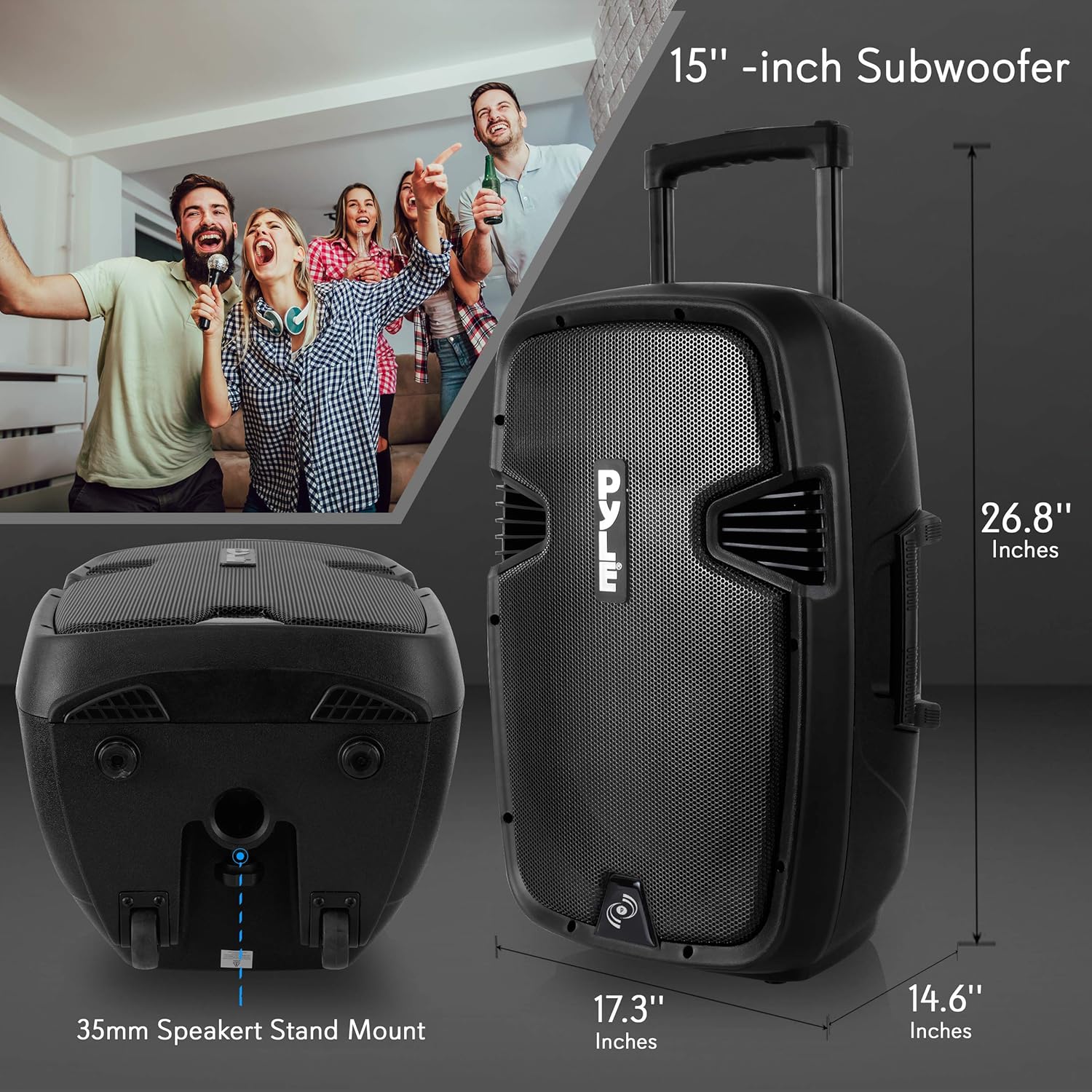 Pyle Karaoke Portable PA Speaker System - 1600W Active Powered Bluetooth Compatible Speaker, Rechargeable Battery, Easy Carry Wheels, USB MP3 RCA, FM Radio, 2 UHF Microphone, Remote - Pyle PPHP1599WU