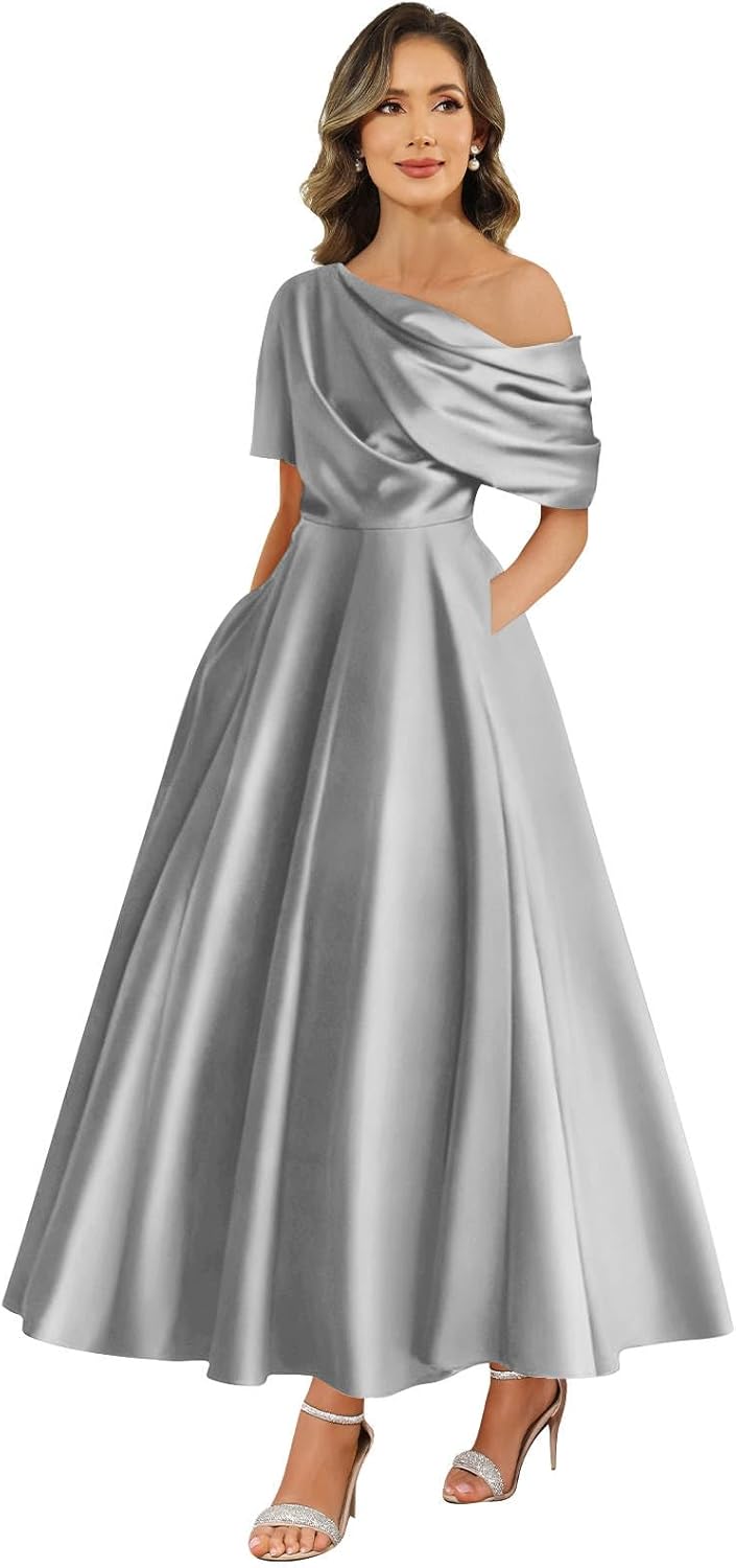 Tea Length Satin Mother of The Bride Dresses for Women One Shoulder Pleated Formal Evening Gown with Pockets