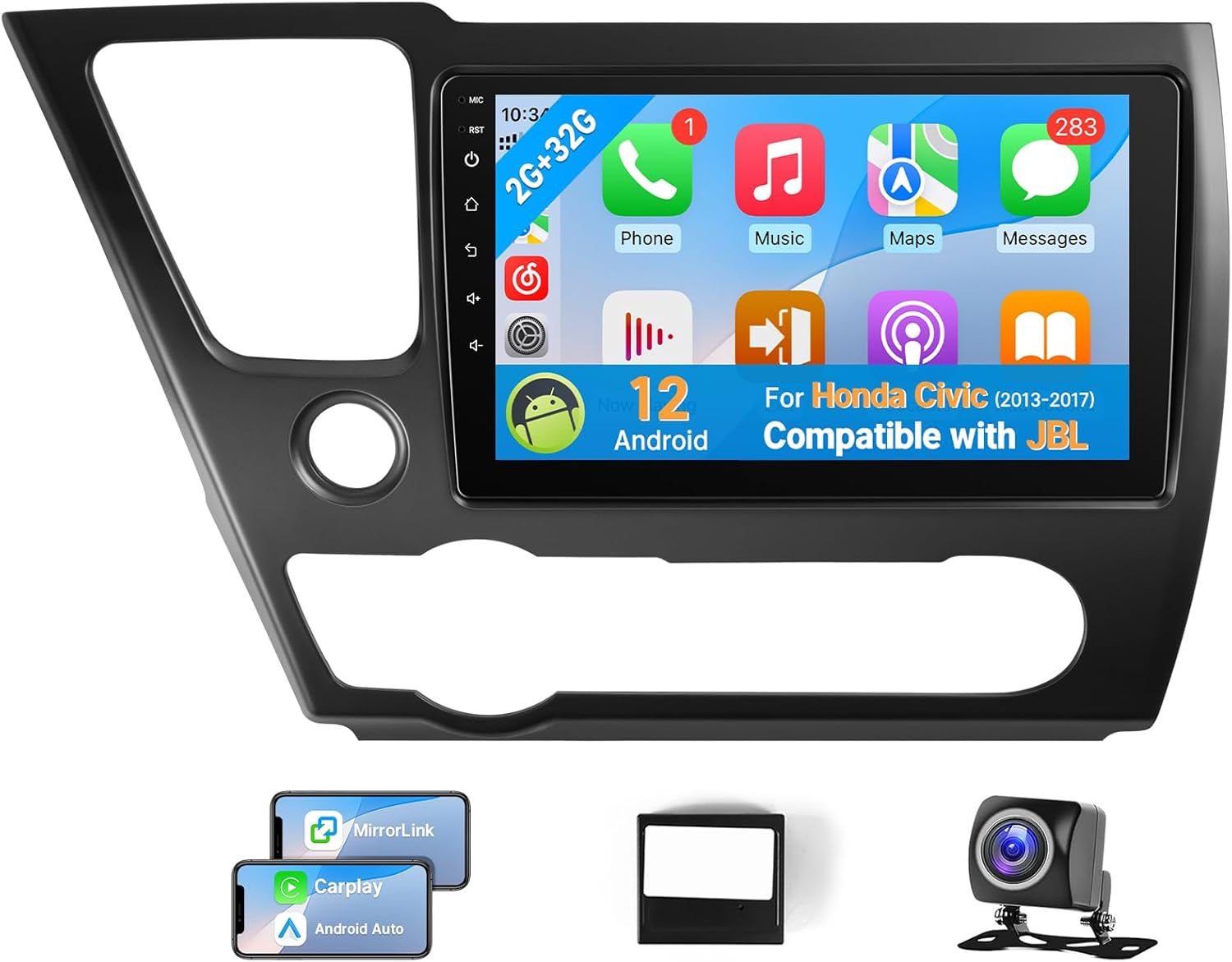 Leadfan Android Car Radio for Honda Civic 2013 2014 2015 2016 2017 Compatible with JBL Wireless CarPlay Android Auto, 9'' IPS Touch Screen with Bluetooth WiFi GPS Navi SWC MirrorLink Backup Camera MIC