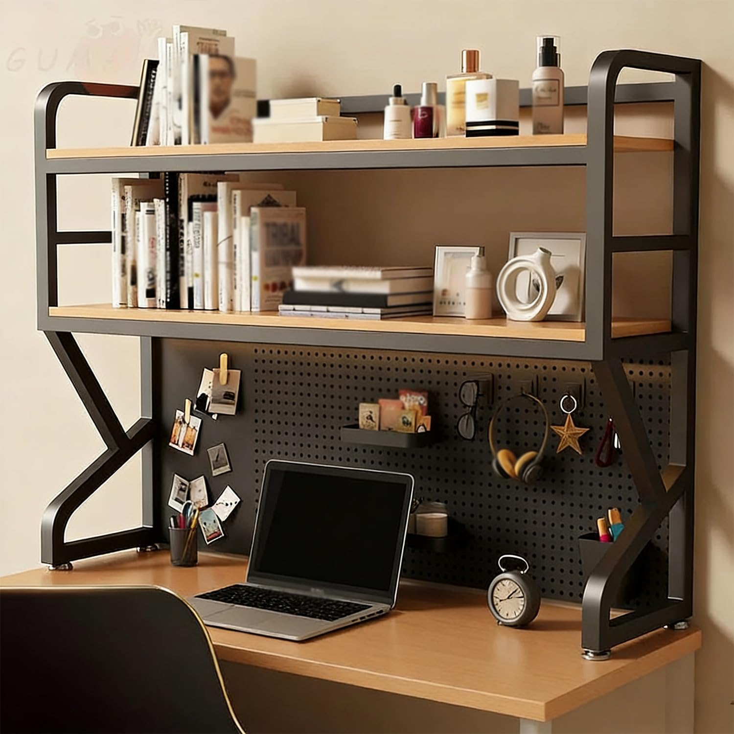 Desktop Hutch Bookshelf, Computer Desk Bookcase, Wooden Storage Rack for Desktop, Countertop Storage Organizer Rack, Desk Hutch Top Only for Dorm, Home, Office (Black, 50 * 25 * 96cm)