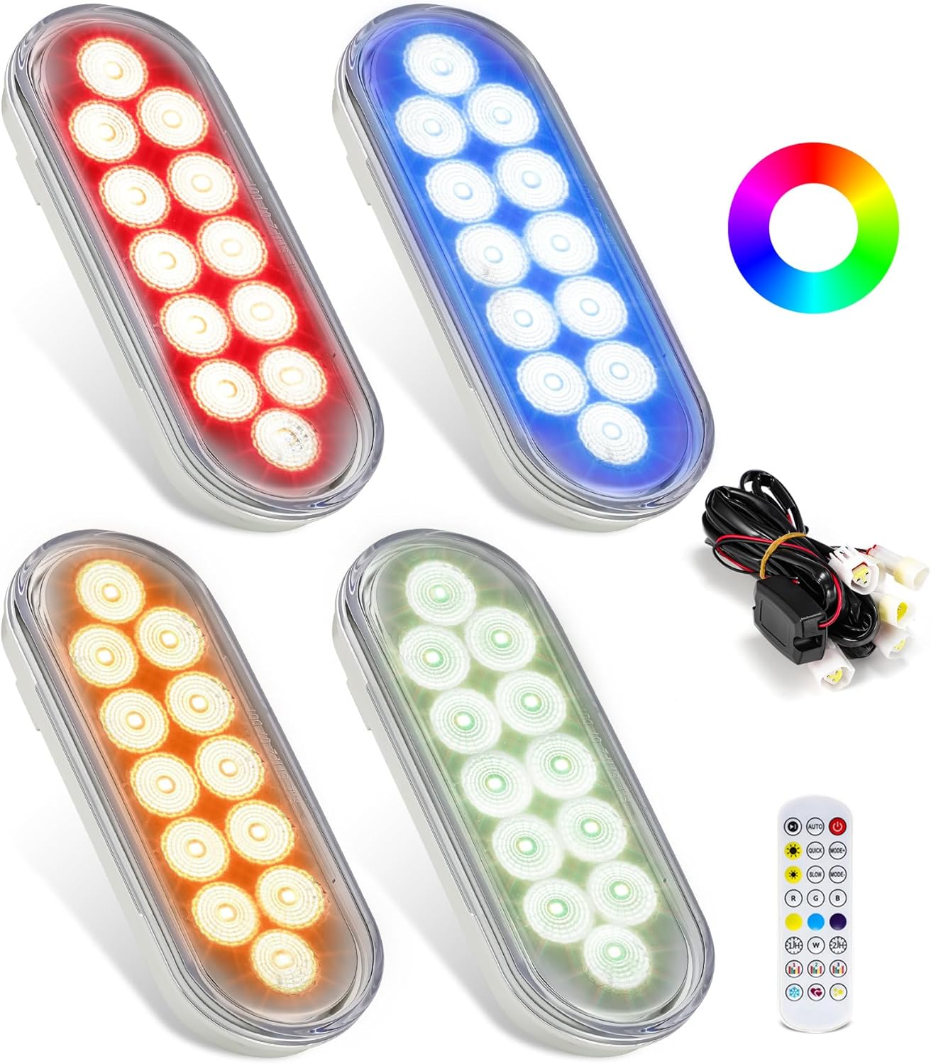 PARTSam 4Pcs 6 Inch RGB Oval LED Trailer Light Kit Stop Turn Tail Brake Running Lights, Clear Lens 12 LEDs with Wire Harness Remote and APP Control, for Flatbed Truck RV, 10-30V